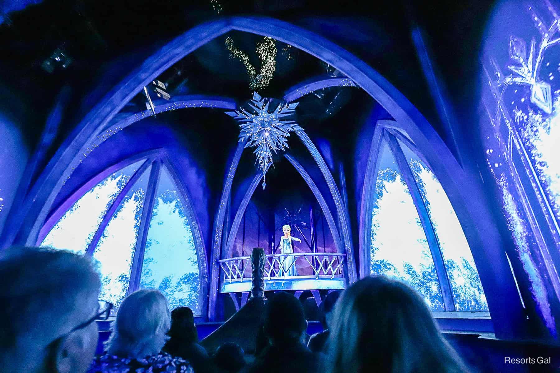 ride scene with Elsa on Frozen Ever After in Epcot's Norway Pavilion 