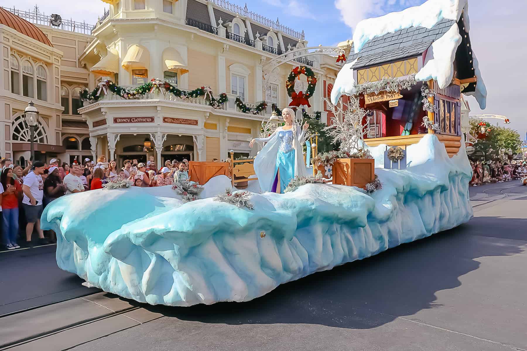 Elsa on a float during the Christmas Parade 