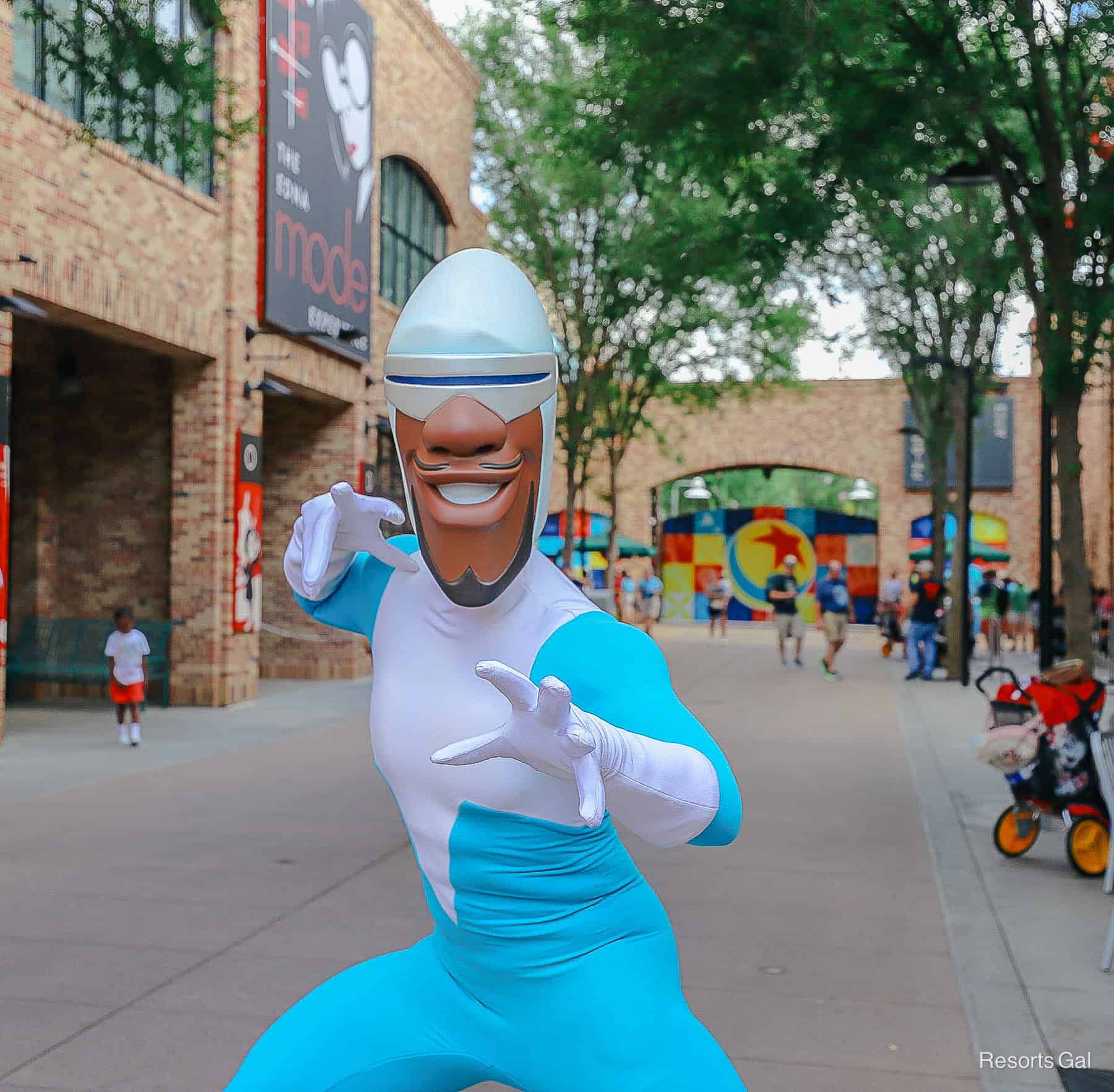 Frozone poses in Pixar Plaza 