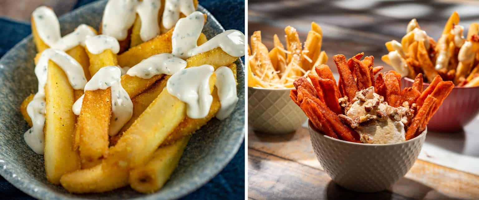 collage of yuca fries and a fry flight for Epcot's International Food and Wine Festival 