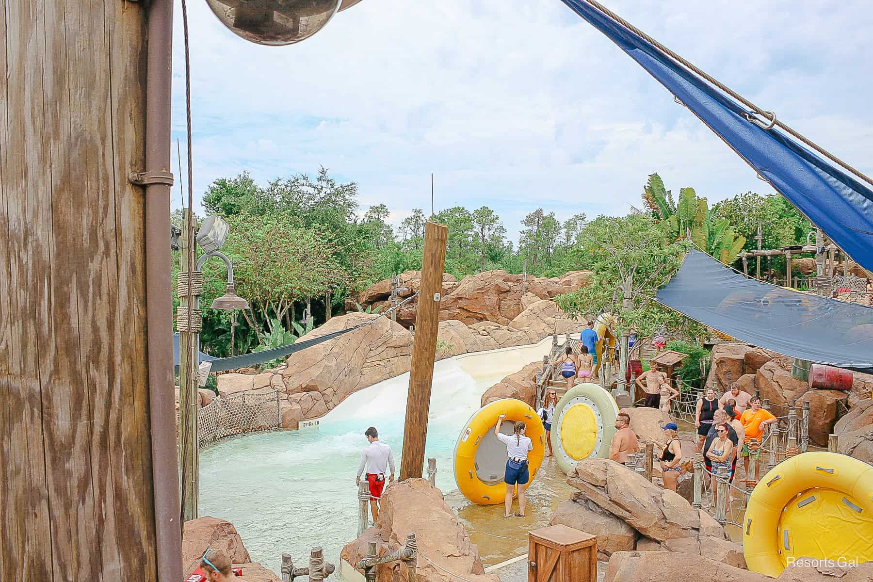 guests waiting to pick up a raft at Gangplank Falls. 