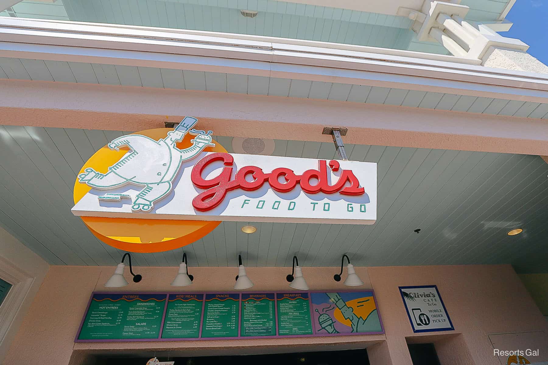 Good's Food to Go sign with a chef on roller skates carrying food 