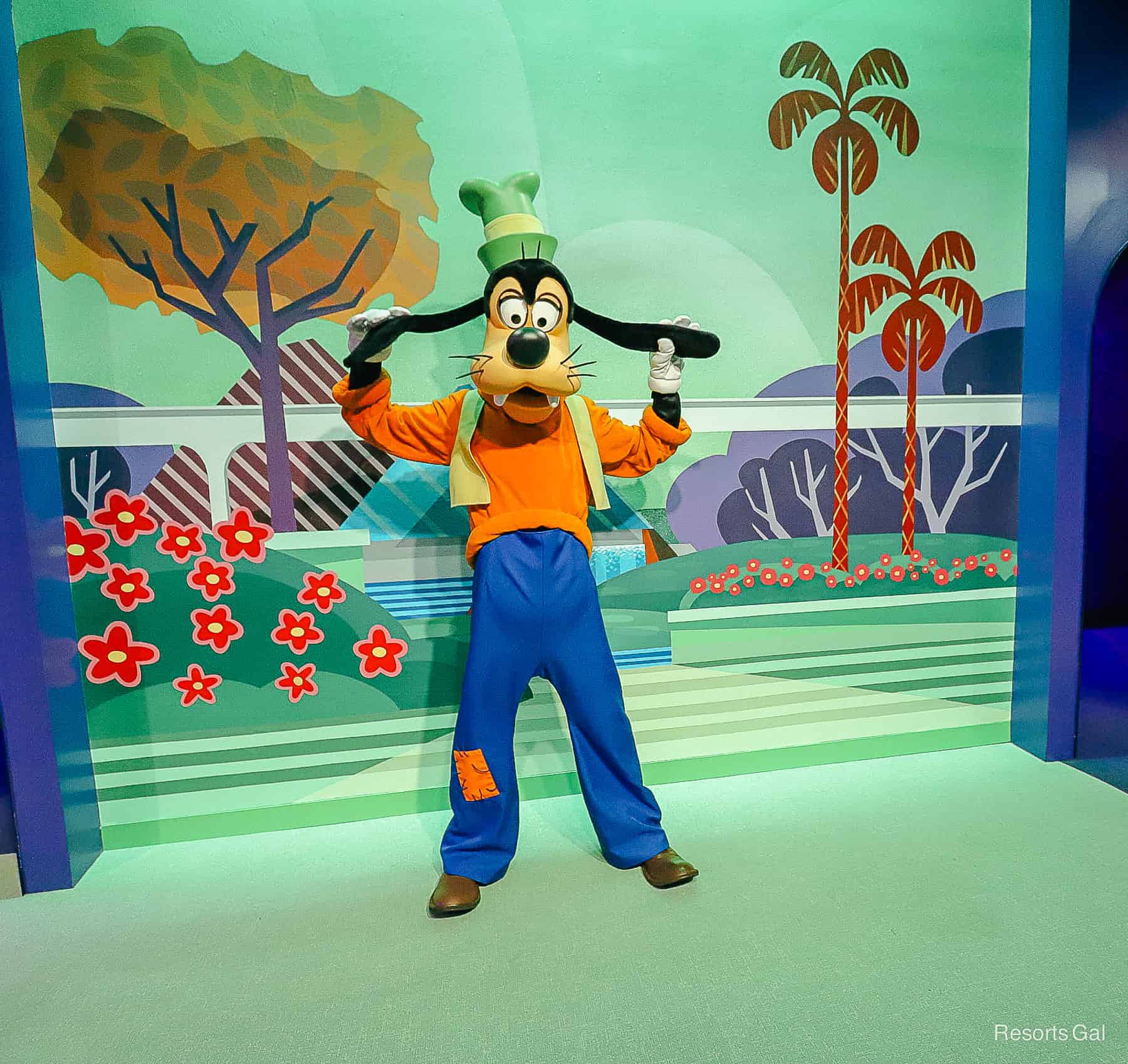 Goofy poses at the Mickey and Friends meet-and-greet at Epcot 