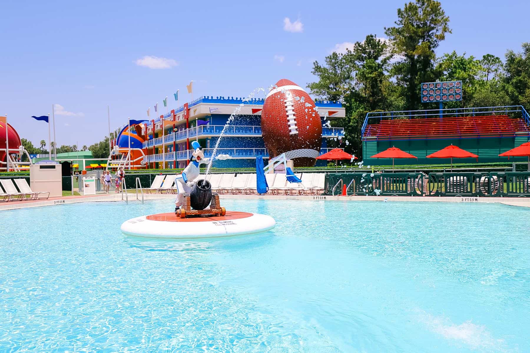 Goofy on the pitcher's mound in the center of the pool 