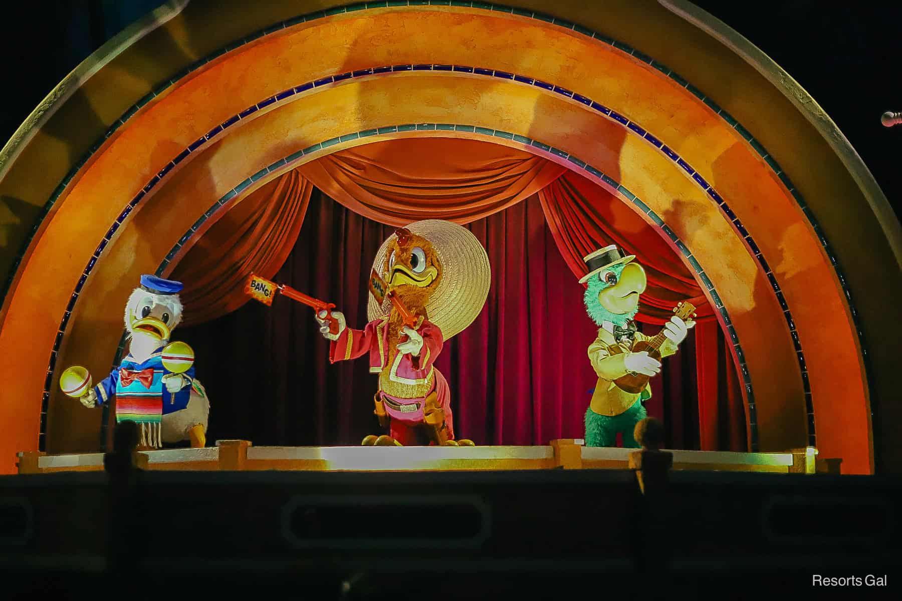 the three caballeros animatronics at the end of the ride in Epcot's Mexico Pavilion 