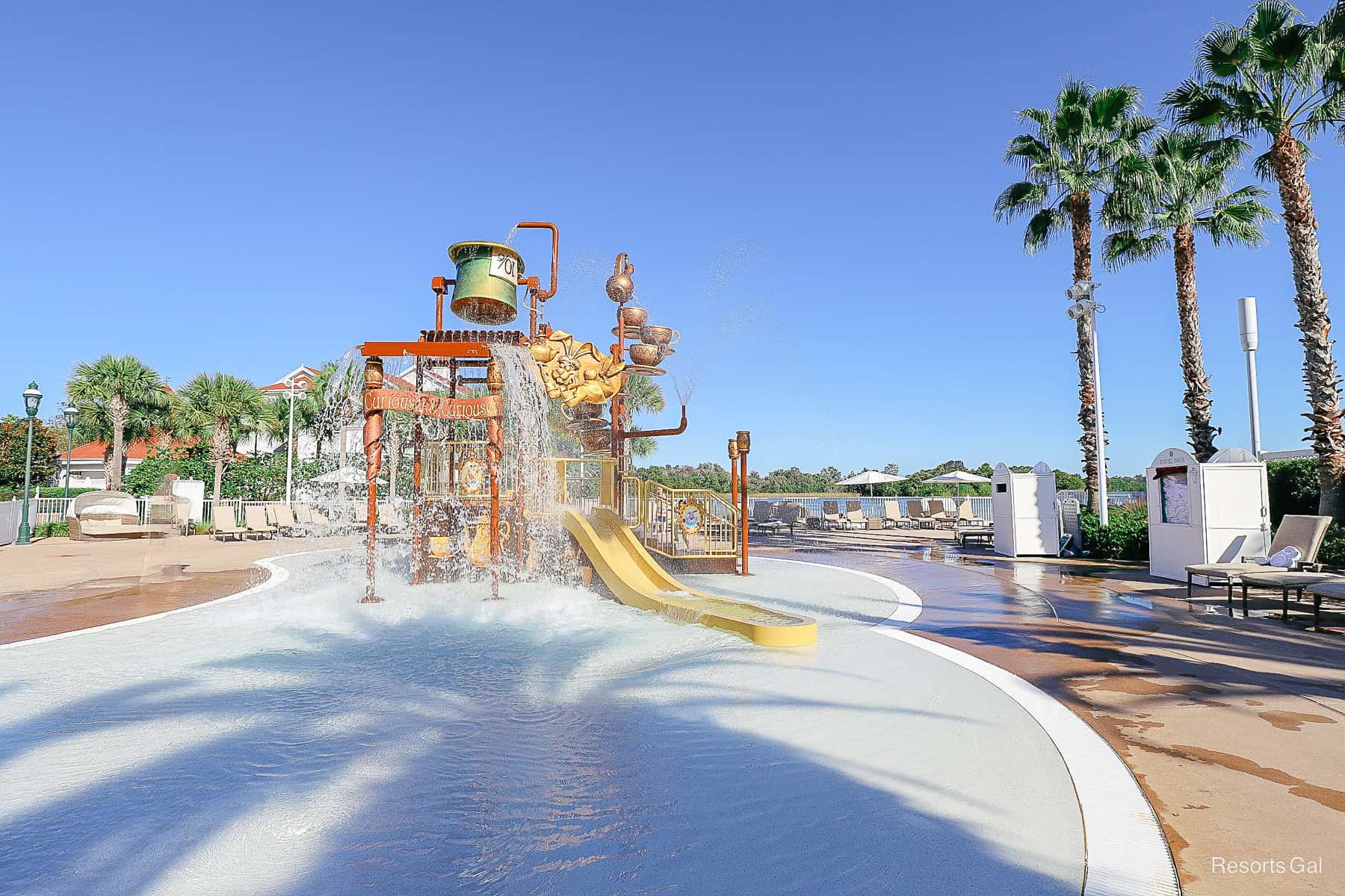 Disney's Grand Floridian splash pad themed to Alice in Wonderland tea cups 