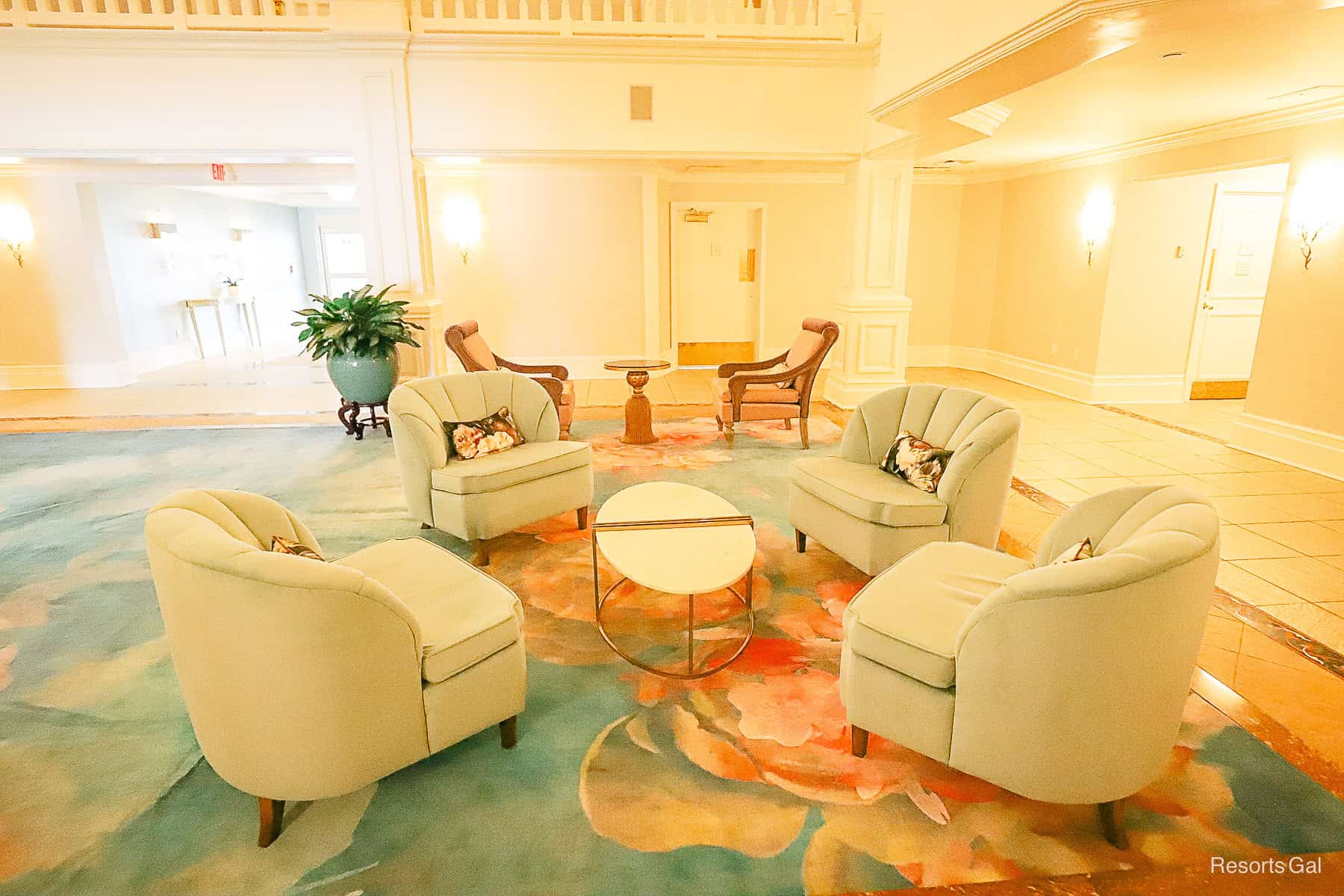 a small sitting area in one of the buildings at Grand Floridian 