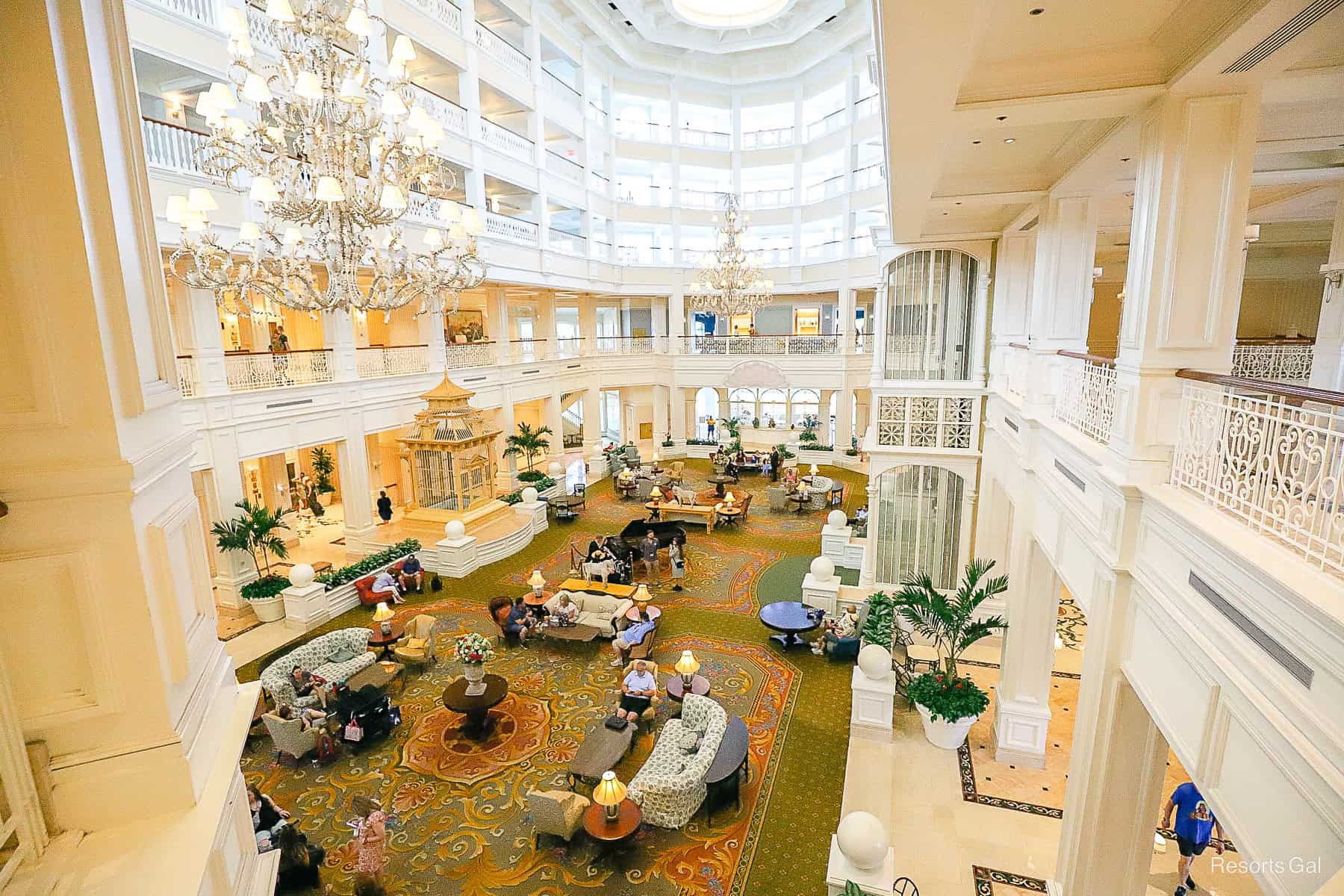 a view of the Grand Floridian lobby from an angle above it 