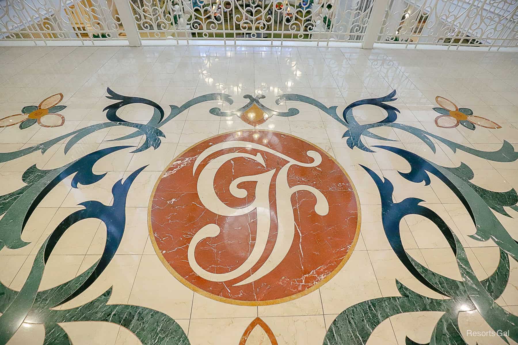 the GF logo in the marble lobby floor 