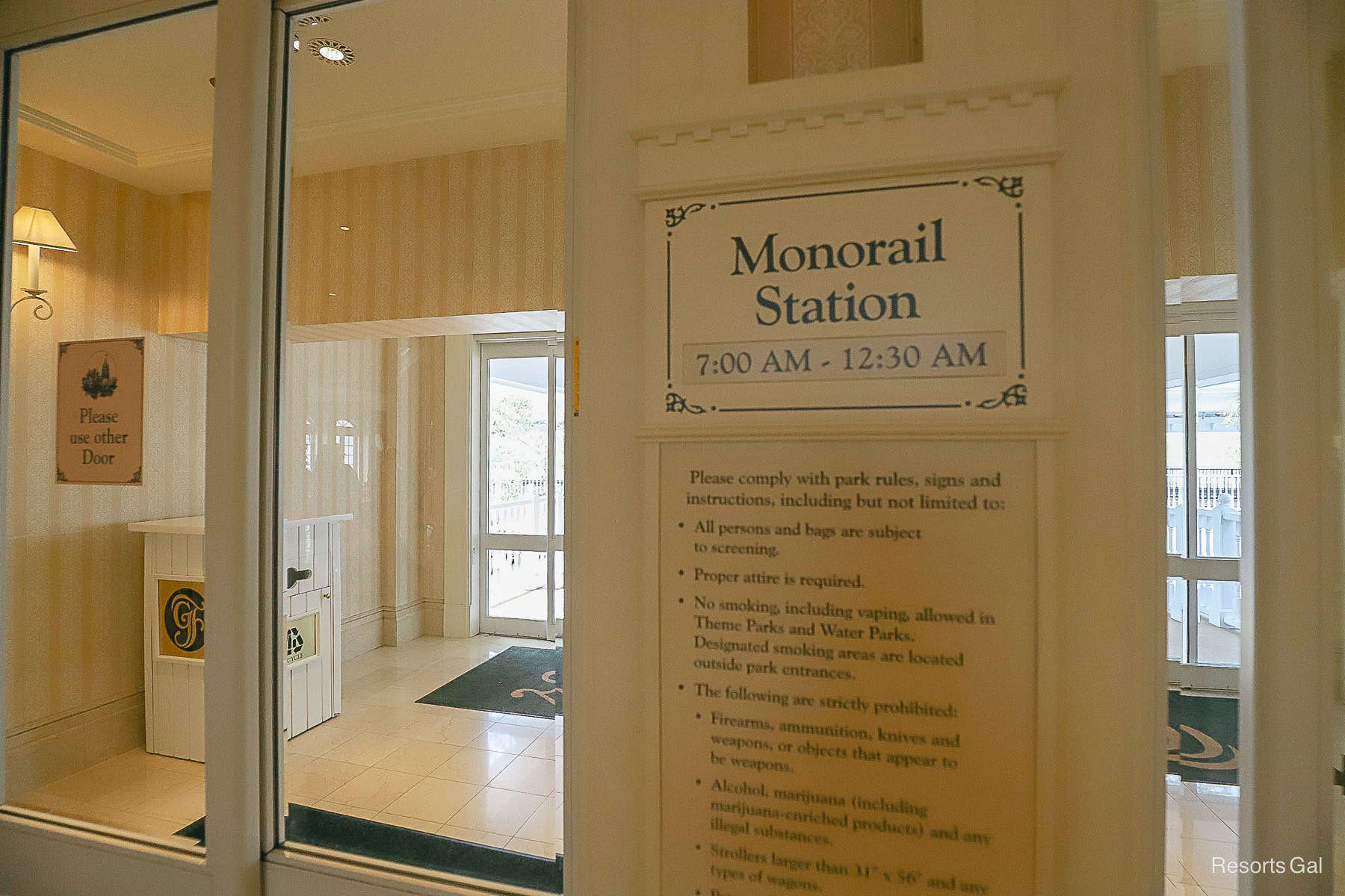 sign with the monorail hours for Grand Floridian 