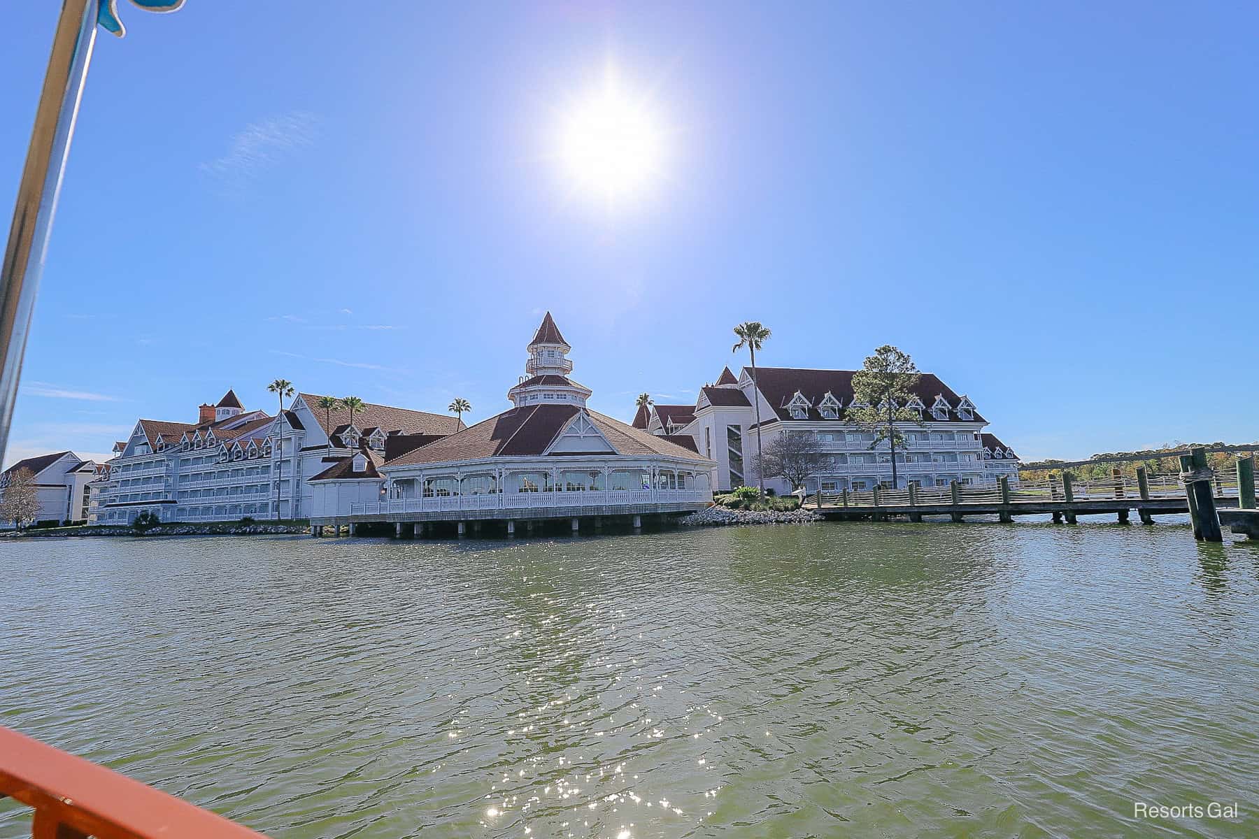 a boat leaving the dock at Grand Floridian 