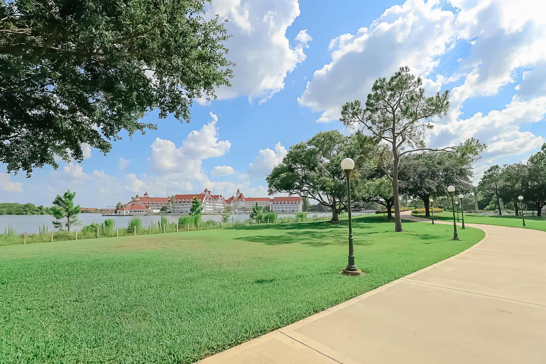 the walking path from Magic Kingdom with Grand Floridian in view in the distance 