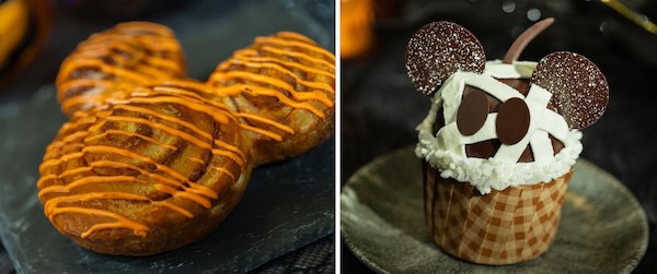 Collage Image of Mickey Cinnamon Roll and Halloween Mummy Cupcake 