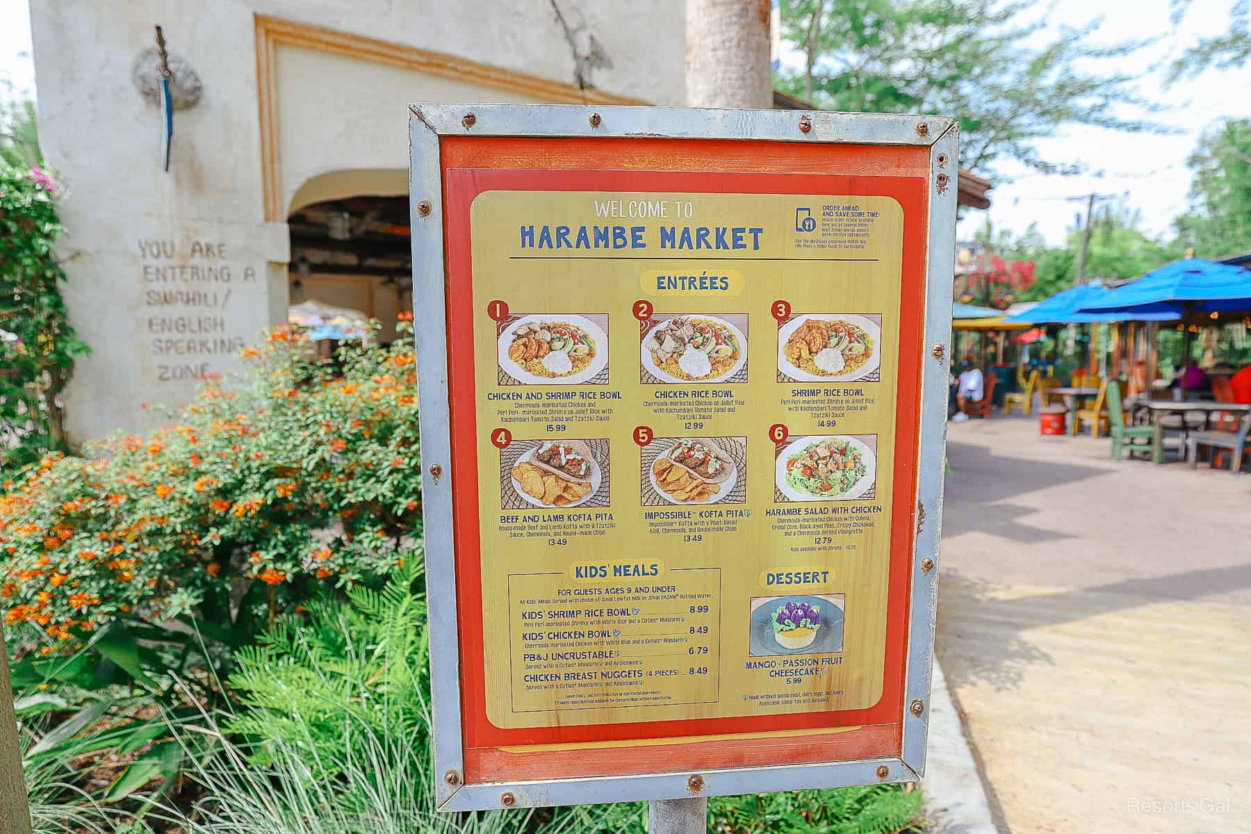 the menu board posted outside Harambe Market 