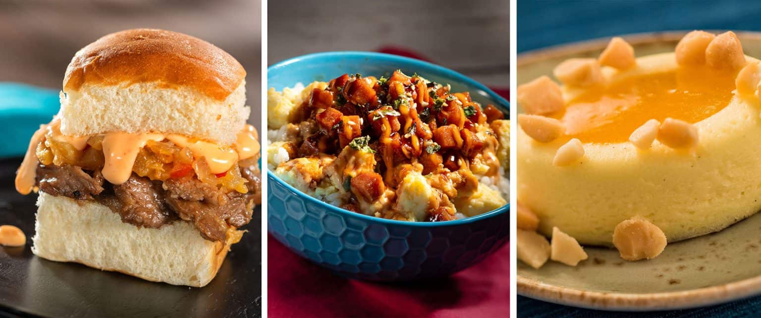 Collage of Hawaiian Pork Slider, Rice Bowl, Passion Fruit Cheesecake Epcot 2024 Food and Wine Menu Items 