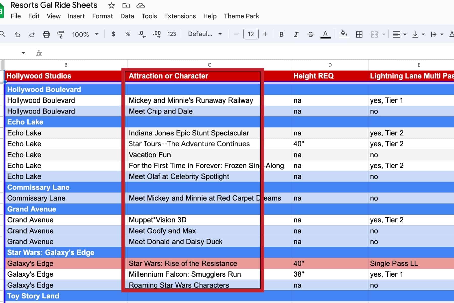 a screenshot of the Hollywood Studios attraction and character column highlighted 