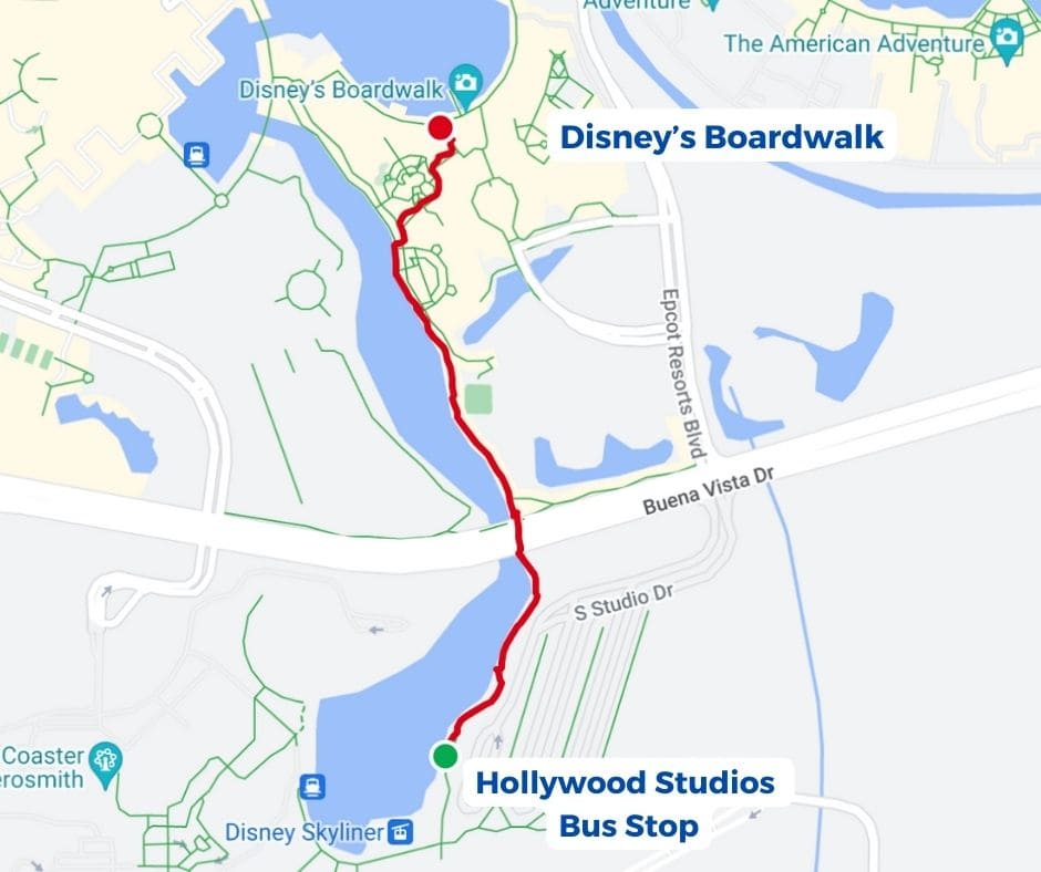 a map that shows the shortcut from Hollywood Studios to Disney's Boardwalk