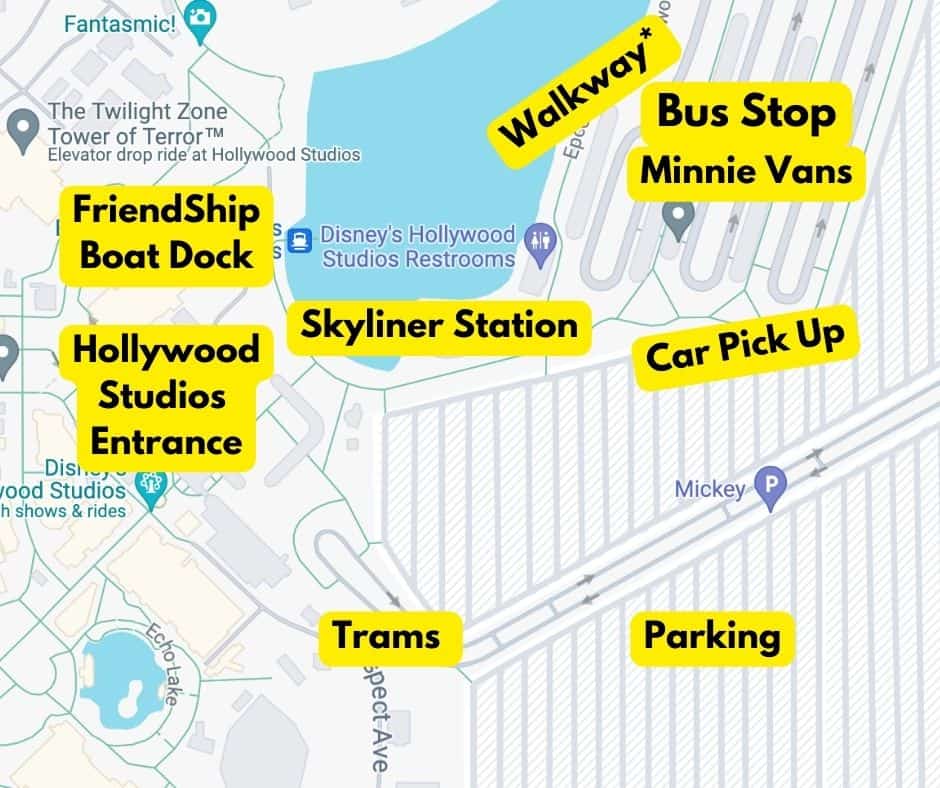 a map with the location of the bus stop at Disney's Hollywood Studios 