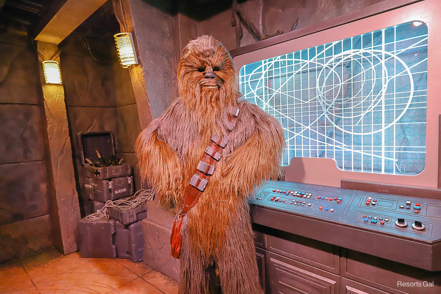 Chewbacca poses with hands on hips at his character meet-and-greet. 