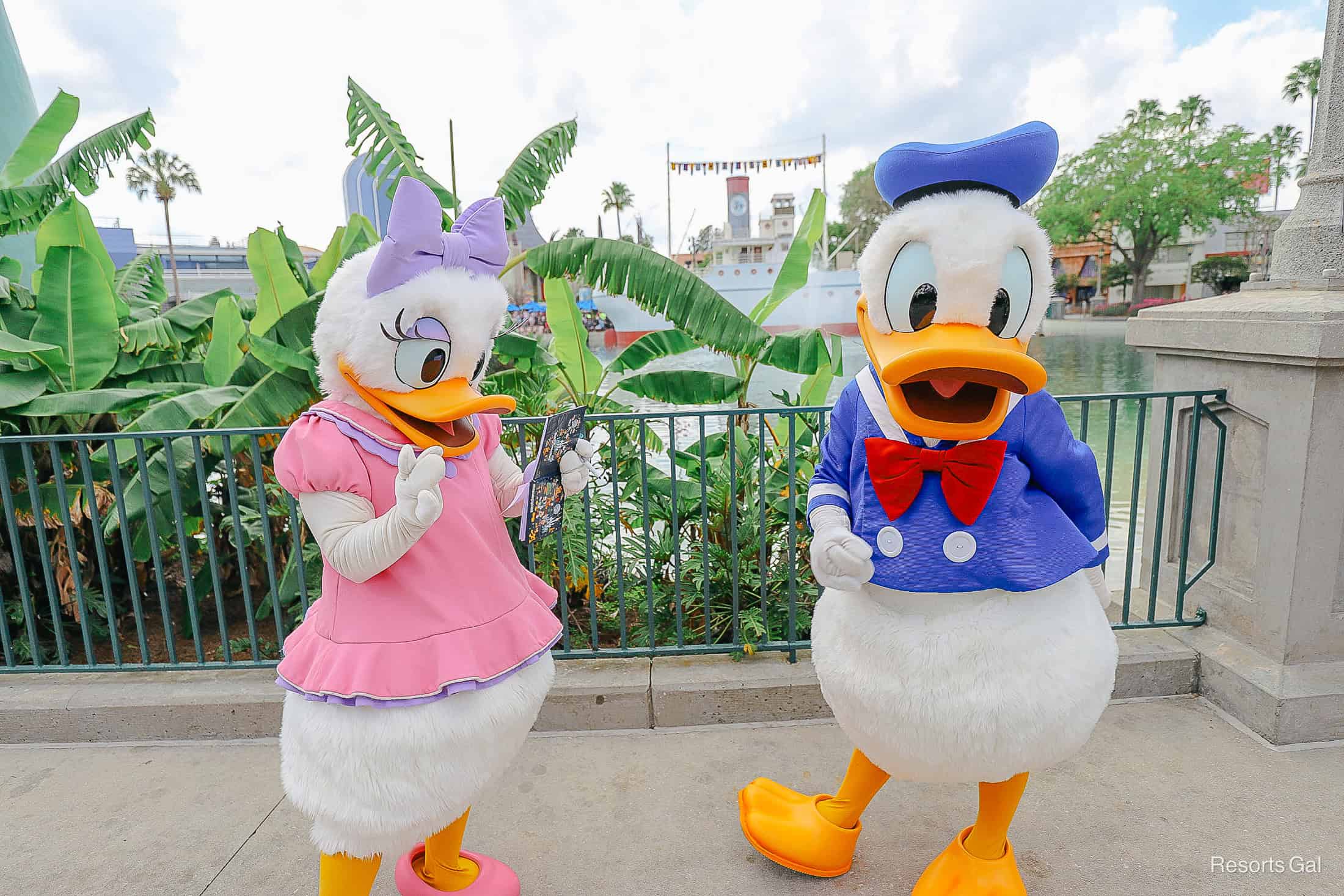 Donald Duck poses for a photo while Daisy signs an autograph. 