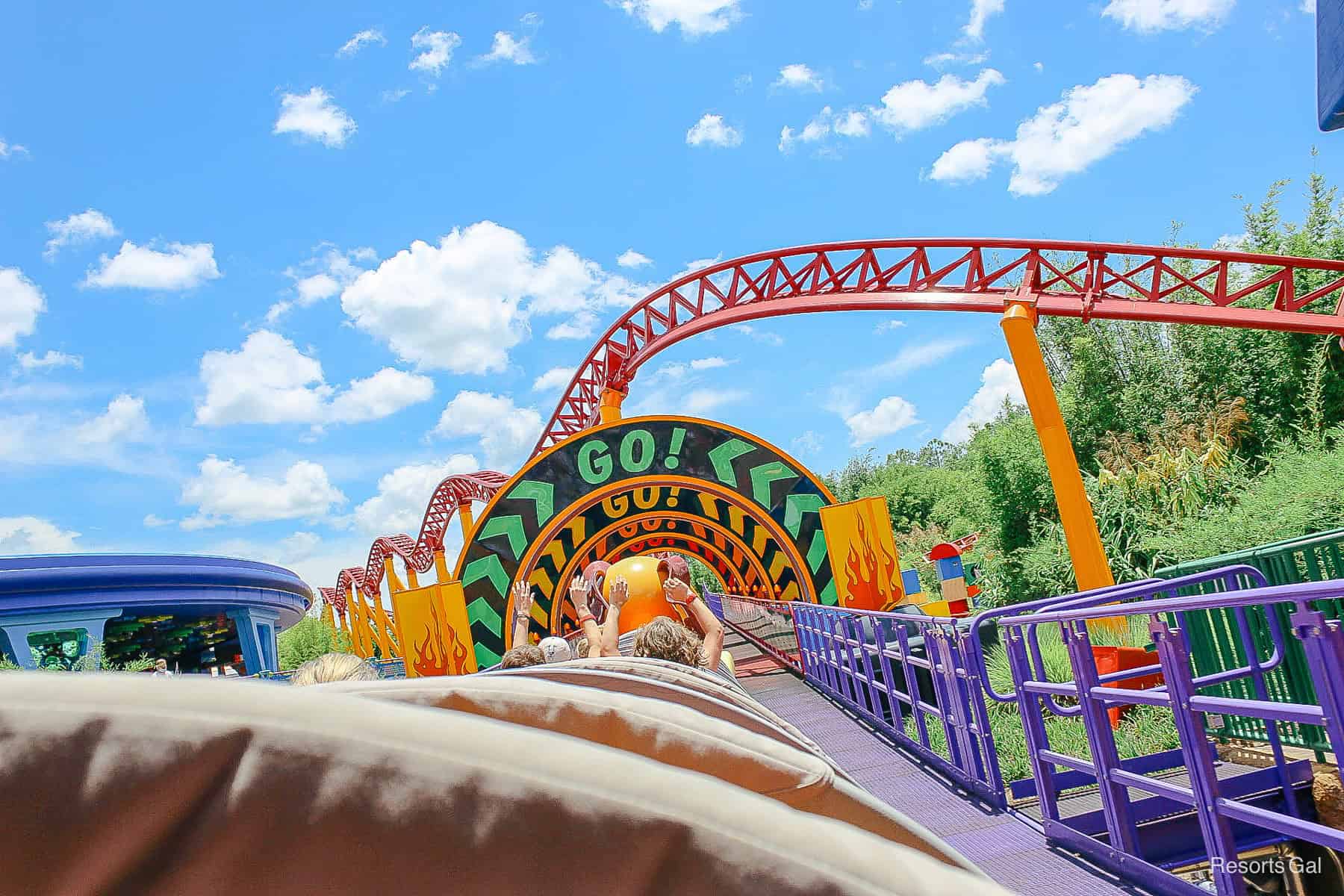 Guests riding Slinky Dog Dash at Disney's Hollywood Studios 