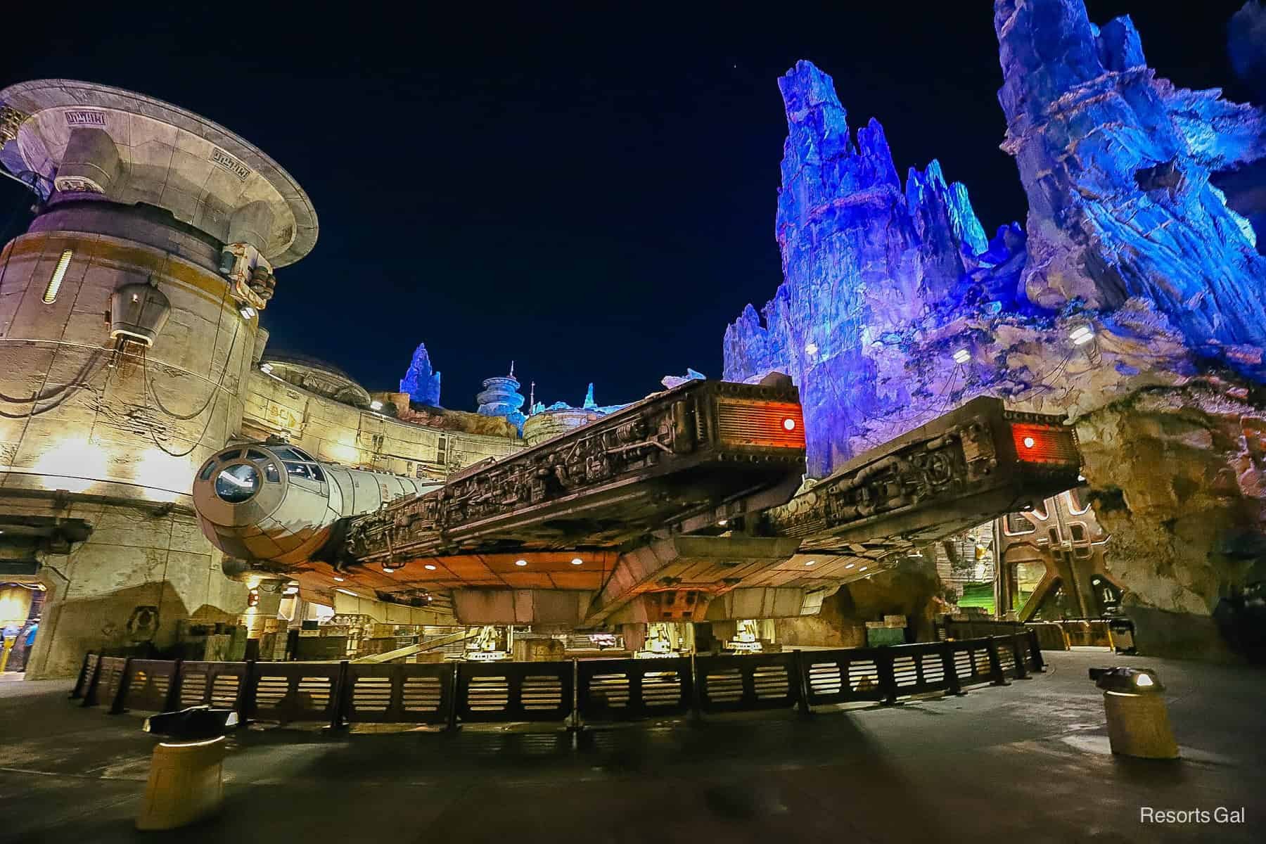 the Millennium Falcon Smugglers Run Attraction at night at Disney's Hollywood Studios 