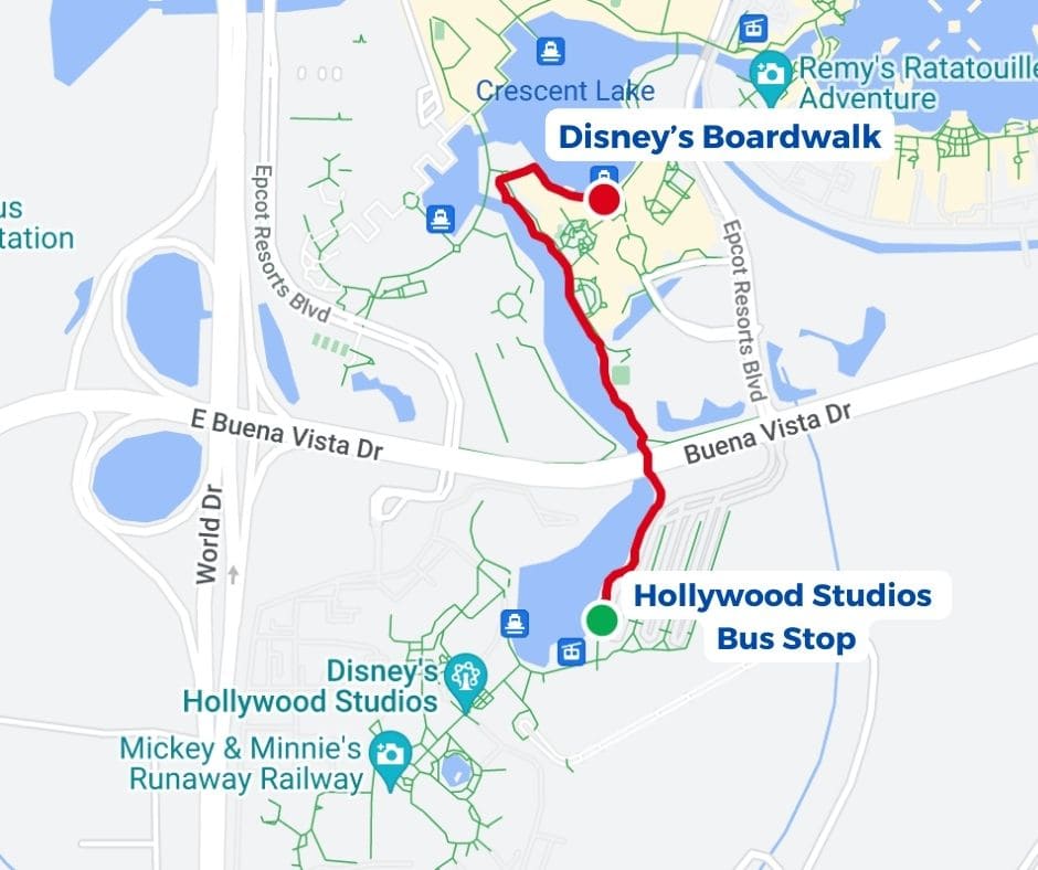 a map that shows the entire distance to the Boardwalk from Hollywood Studios 