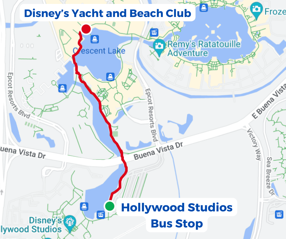 map of the walking route between Disney's Hollywood Studios and the Beach and Yacht Club 