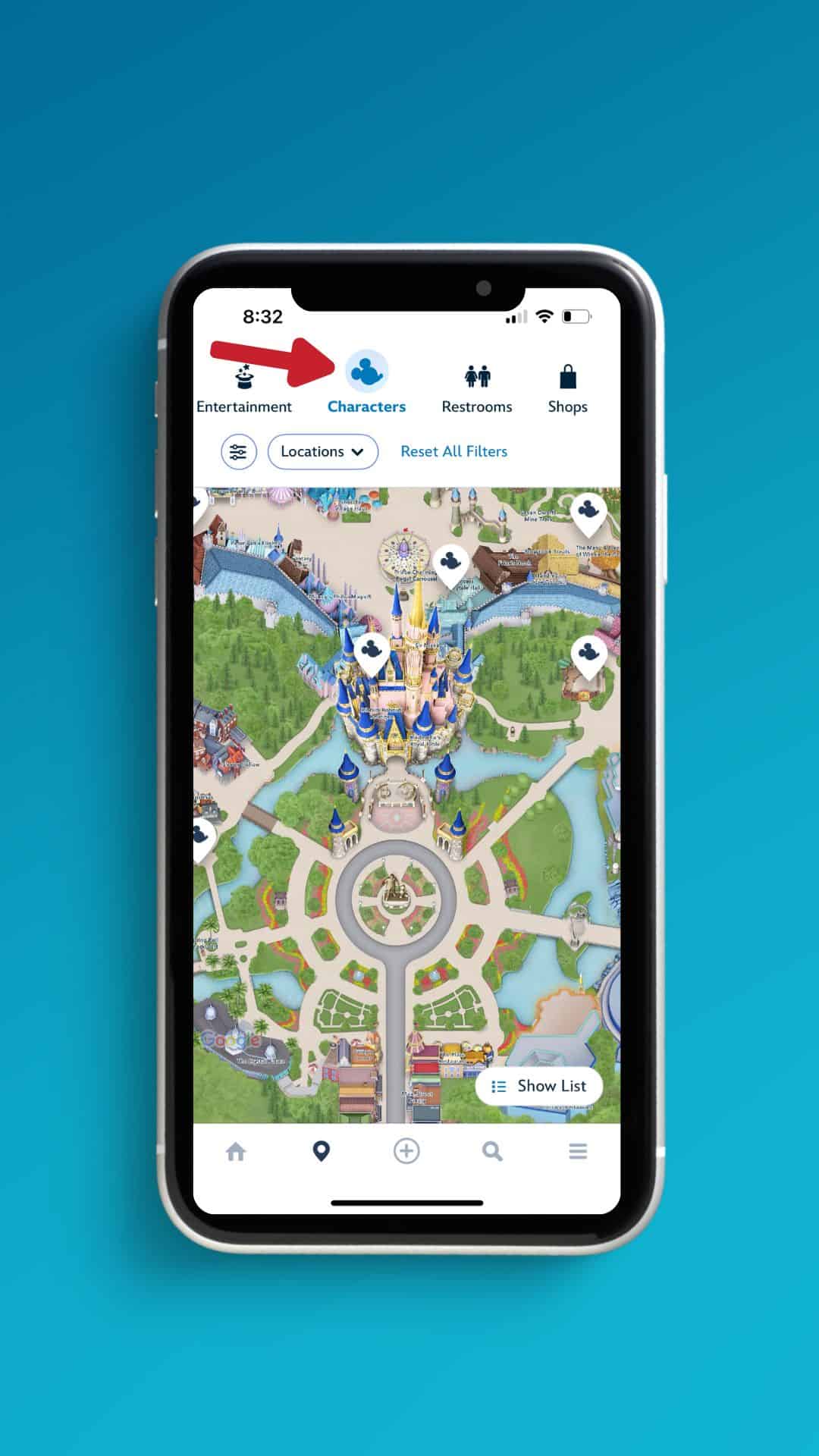 a screenshot of the My Disney Experience app with a red arrow pointing out how to select the characters icon 