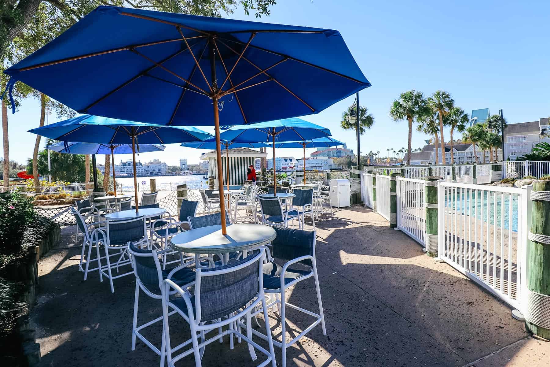 outdoor tables and chairs at Hurricane Hanna's for non-resort guests 
