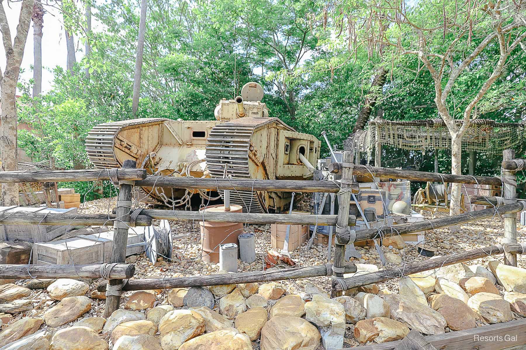 an old army tank part of the Indiana Jones theming outside the queue 