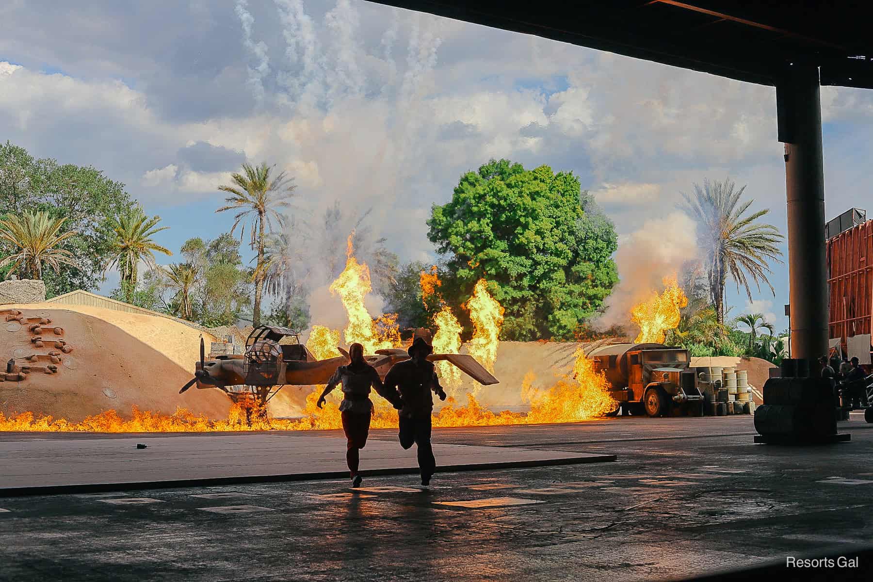 performers running from the fire in Epic Stunt Spectacular 