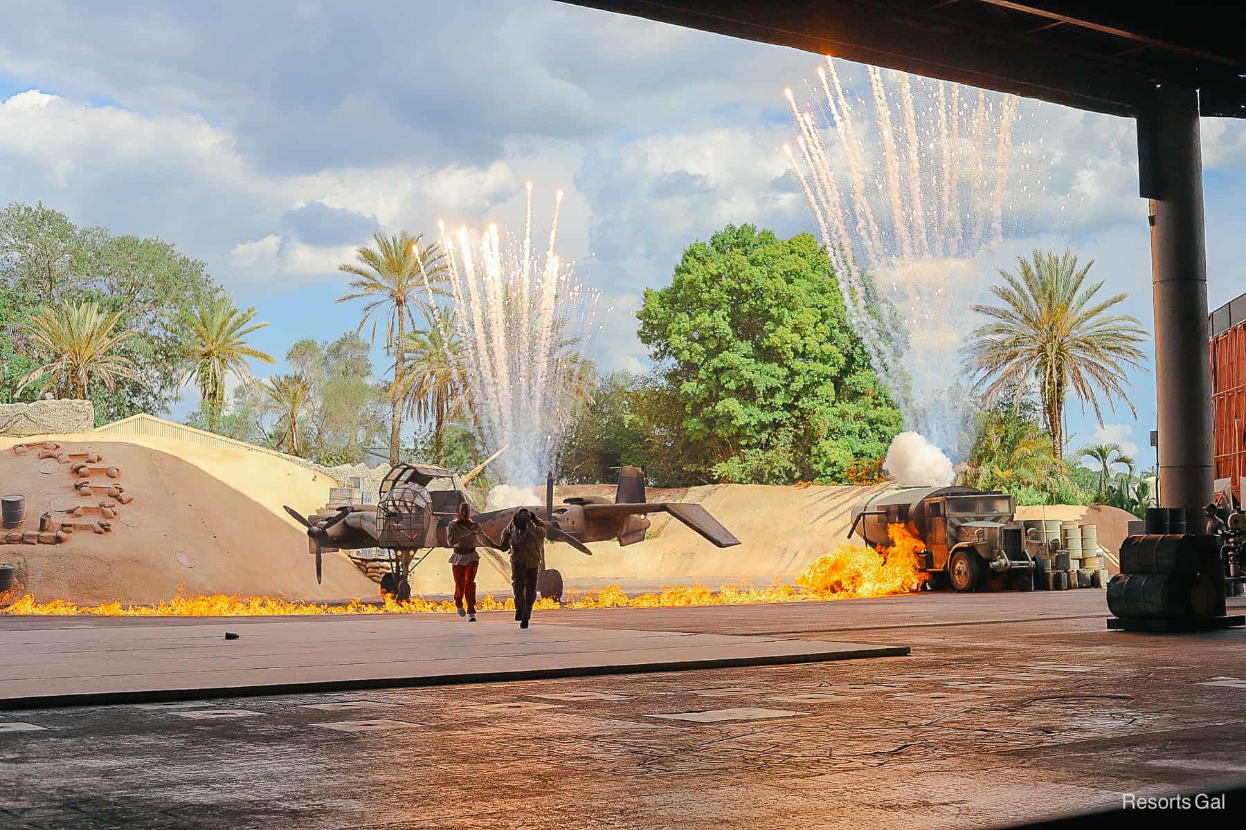 fireworks going off in the Indiana Jones Epic Stunt Spectacular finale scene 