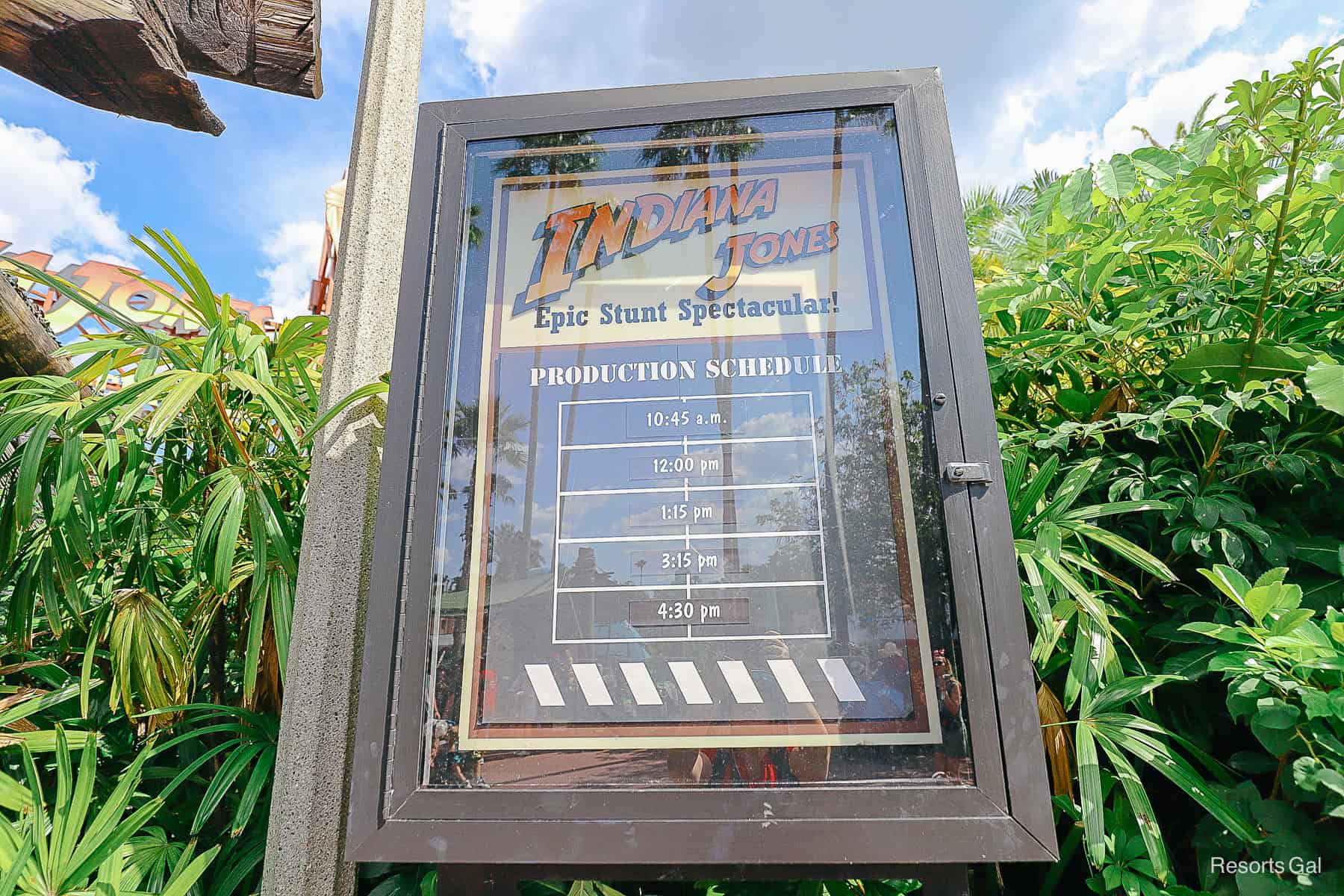 showtimes for Indiana Jones Epic Stunt Spectacular, sign reads Production Schedule 