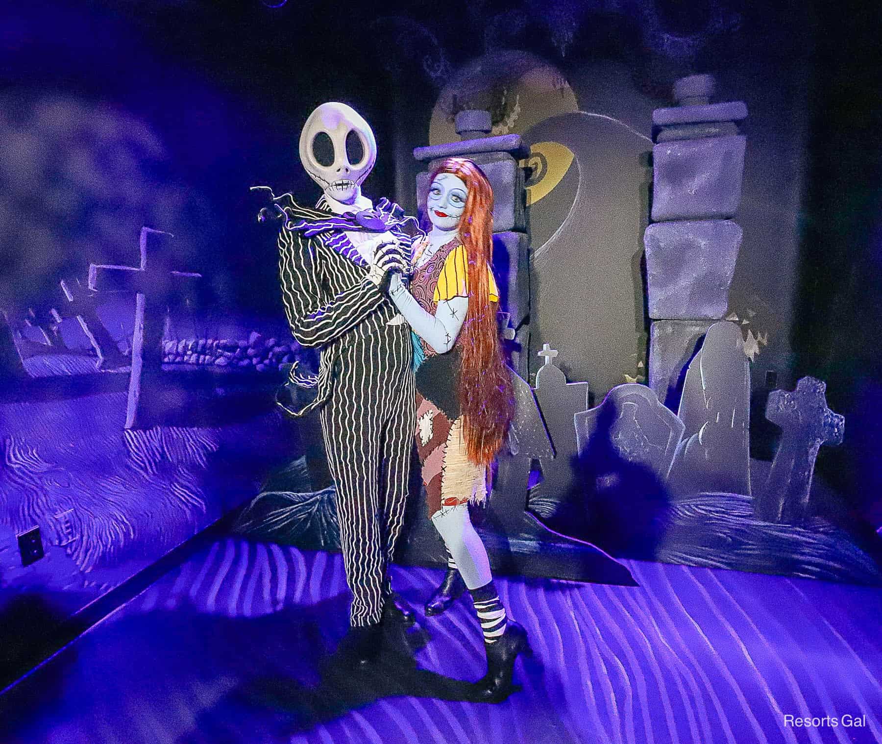 a full shot of Jack and Sally Skellington at their meet-and-greet at Magic Kingdom 