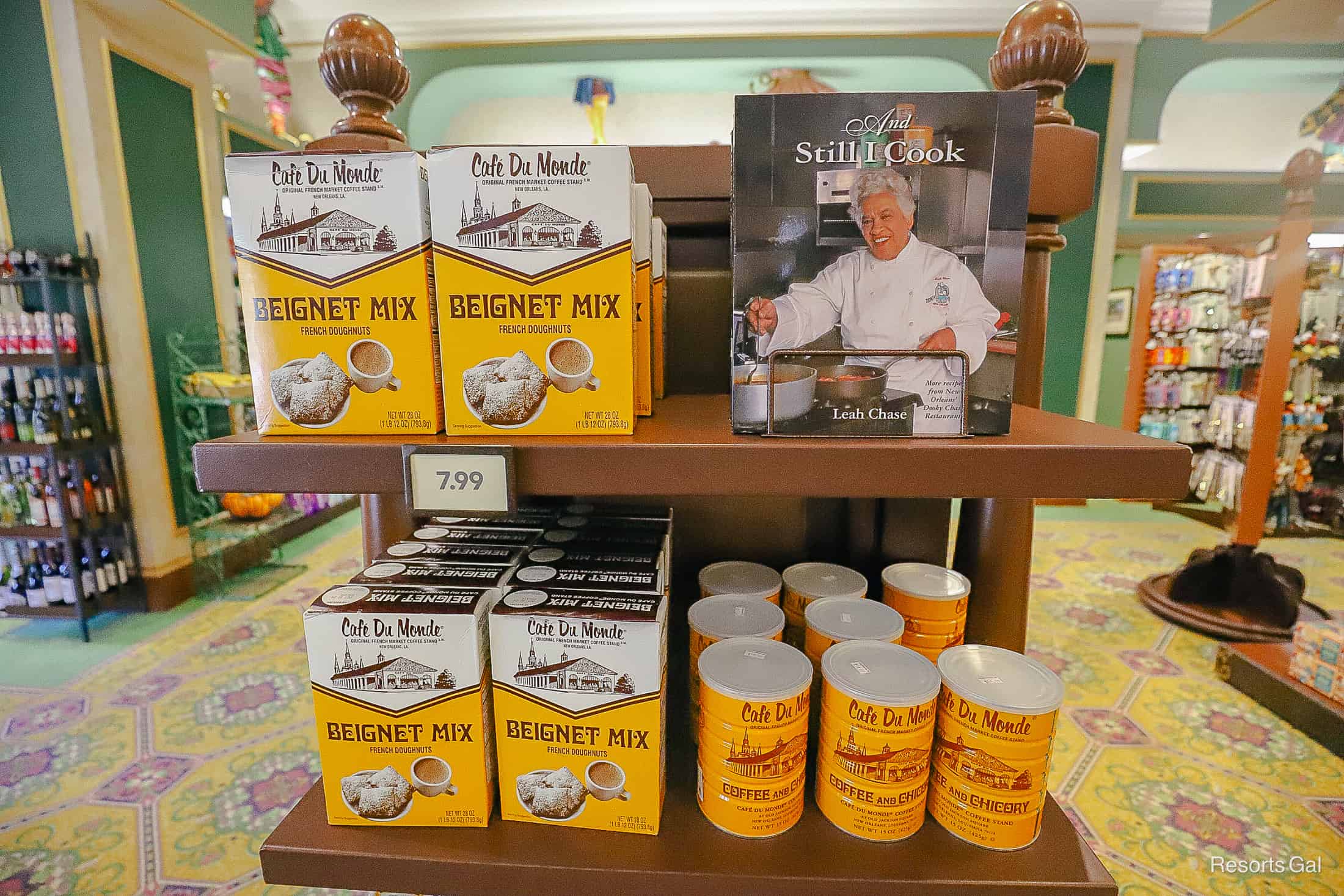 a display with Beignet mix, coffee with chicory and a cookbook by Leah Chase in Jackson Square Gifts and Desires 