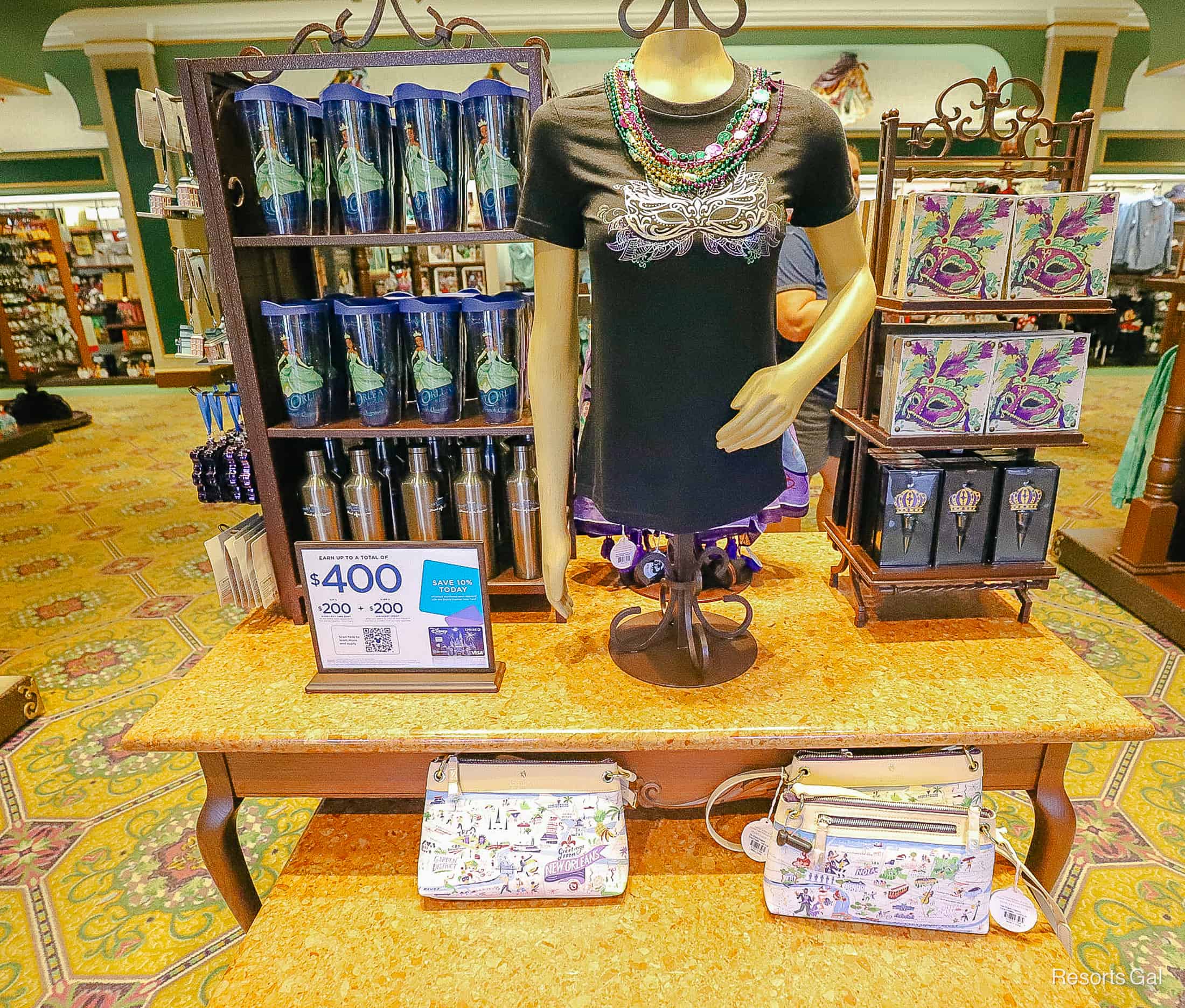 a display with Mardis Gras themed items in the gift shop in Jackson Square Gifts and Desires 