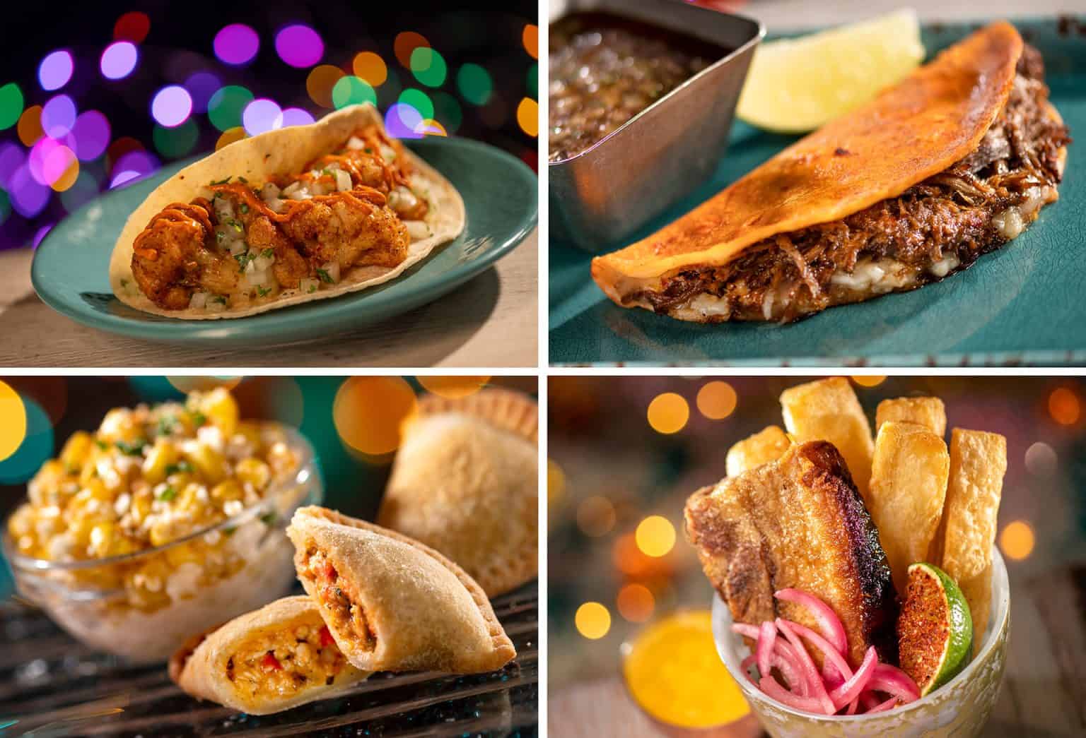 Collage Image of Cauliflower Taco, Birria Taco, Chicken Empanadas, Yuca con Chicharrón