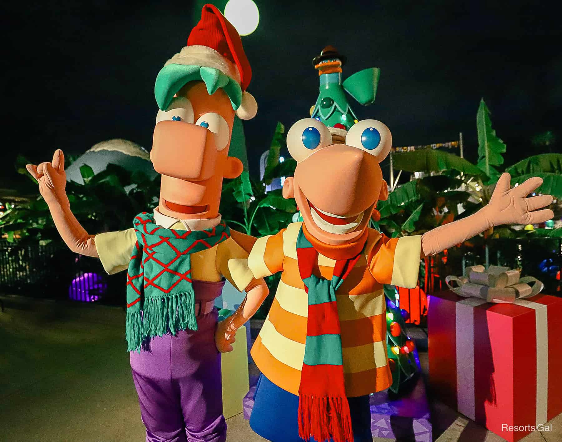 Phineas and Ferb wearing Christmas Scarves at Jollywood Nights 