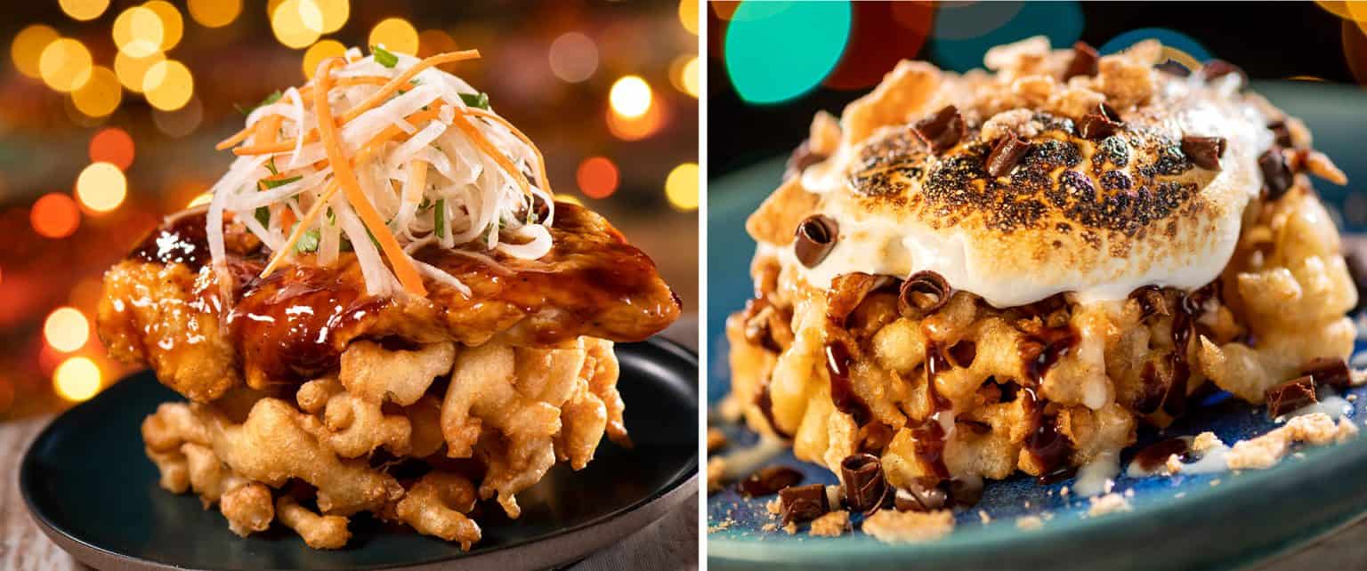 Image Collage ofSpicy Korean Chicken Funnel Cake, S'mores Funnel Cake 