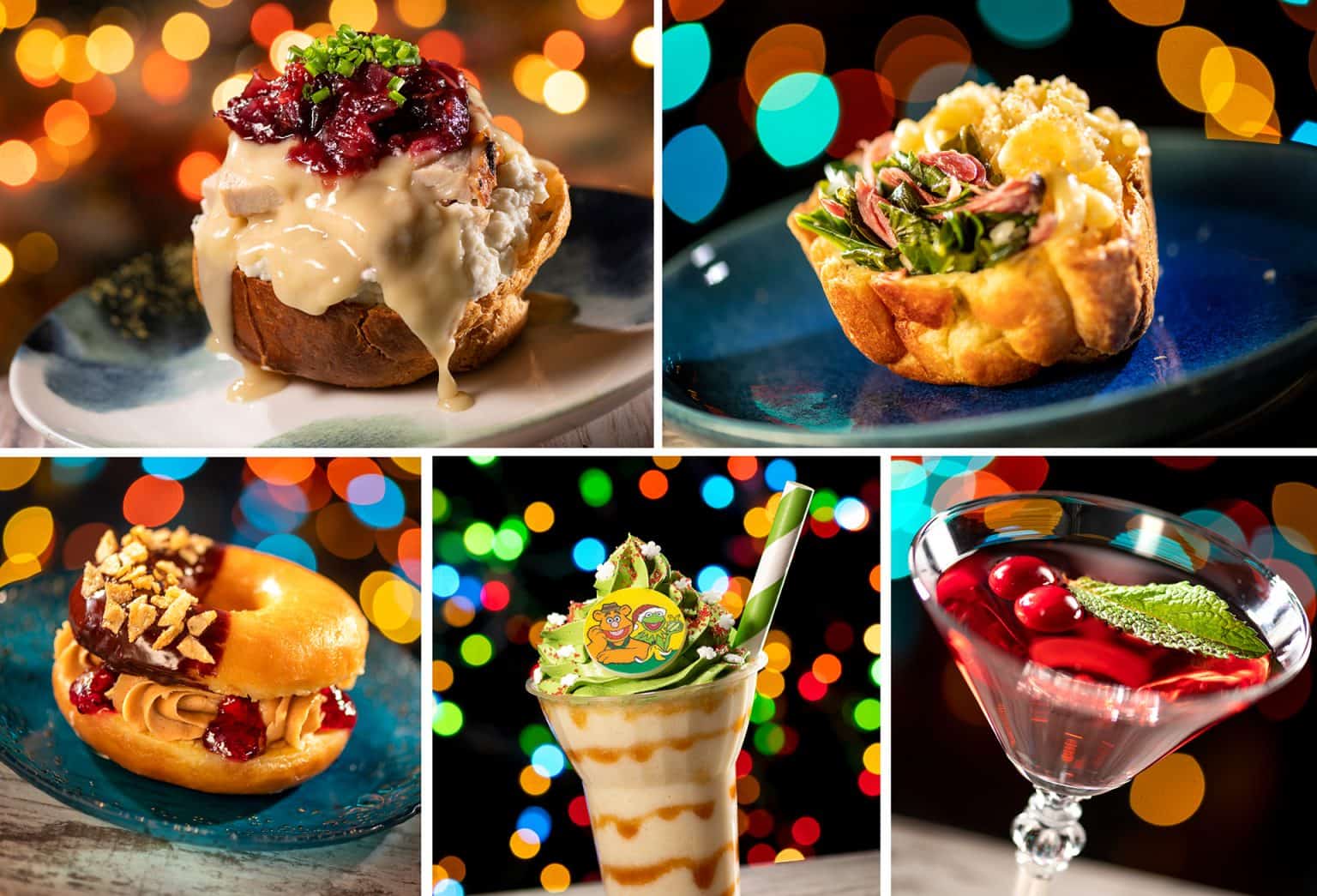 Image Collage: Holiday Turkey Popover, Just the Sides Popover Row Two: PB&J Donut, Kermit's Frozen Banana Shake, Mistletoe Martini 