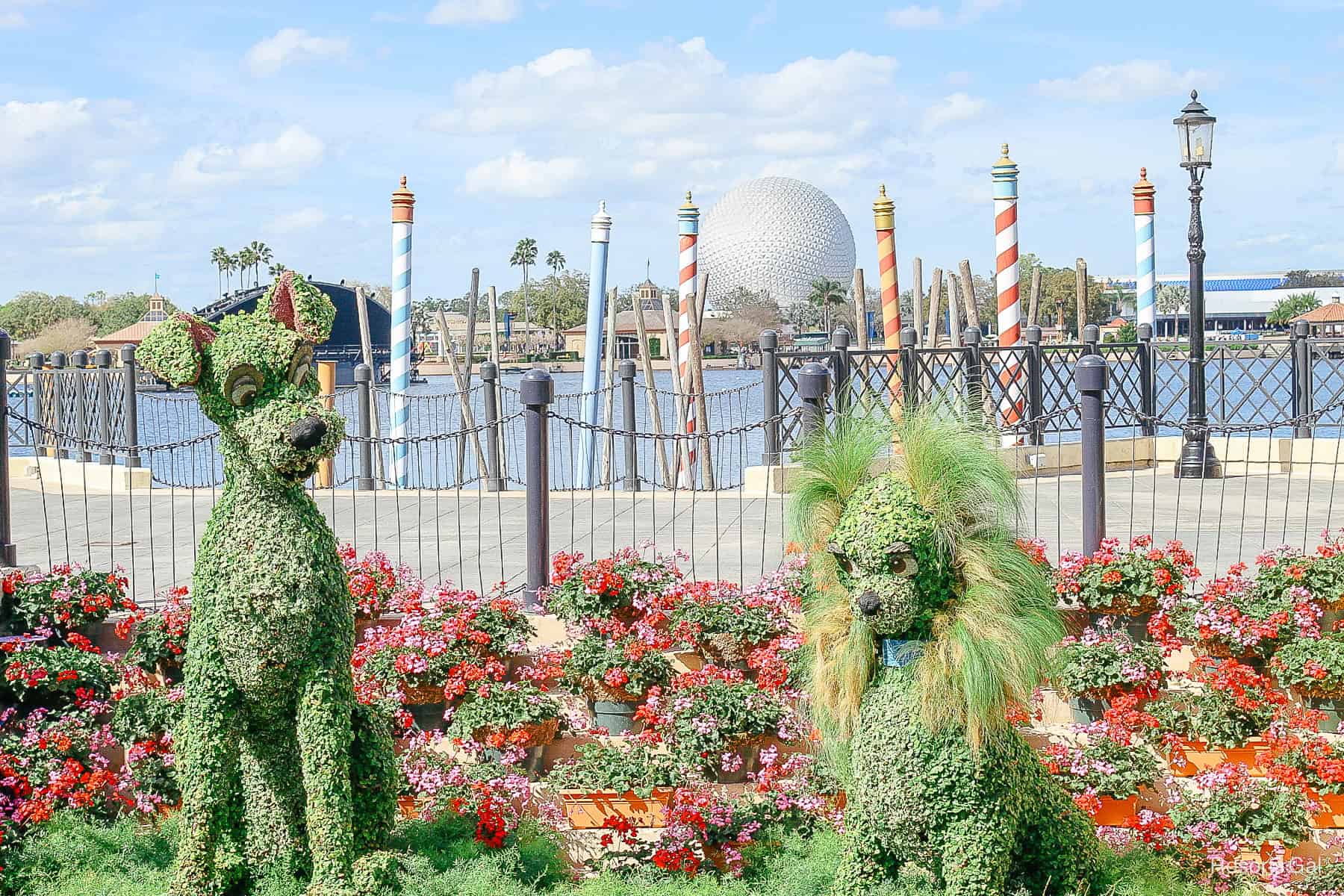 a closeup of Lady and the Tramp near the World Showcase Lagoon 