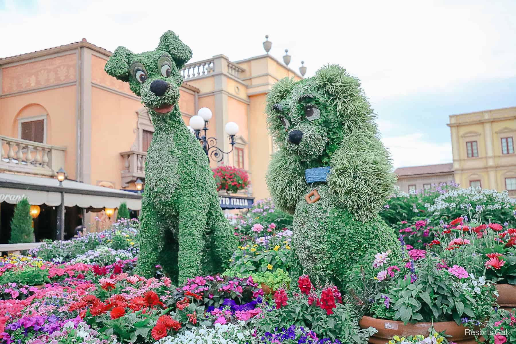 Lady and the tramp look lovingly at each other in topiary form 