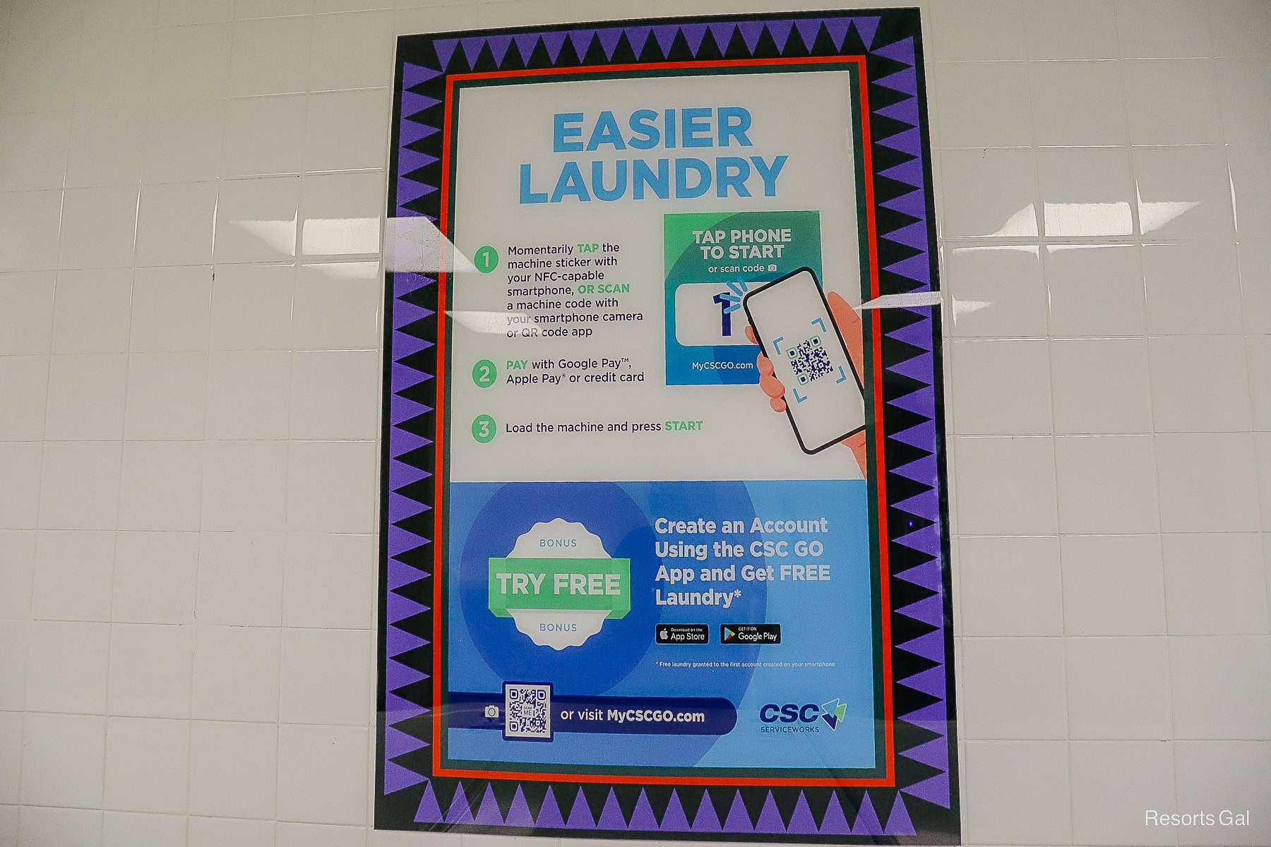 instructions for doing laundry at Disney's All-Star Music with the CSC Go app 