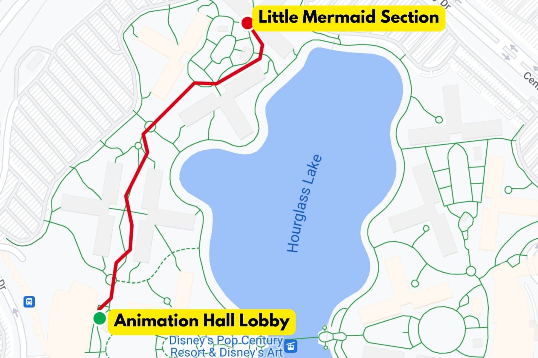 a map that shows the walking distance from Animation Hall to the Little Mermaid section 