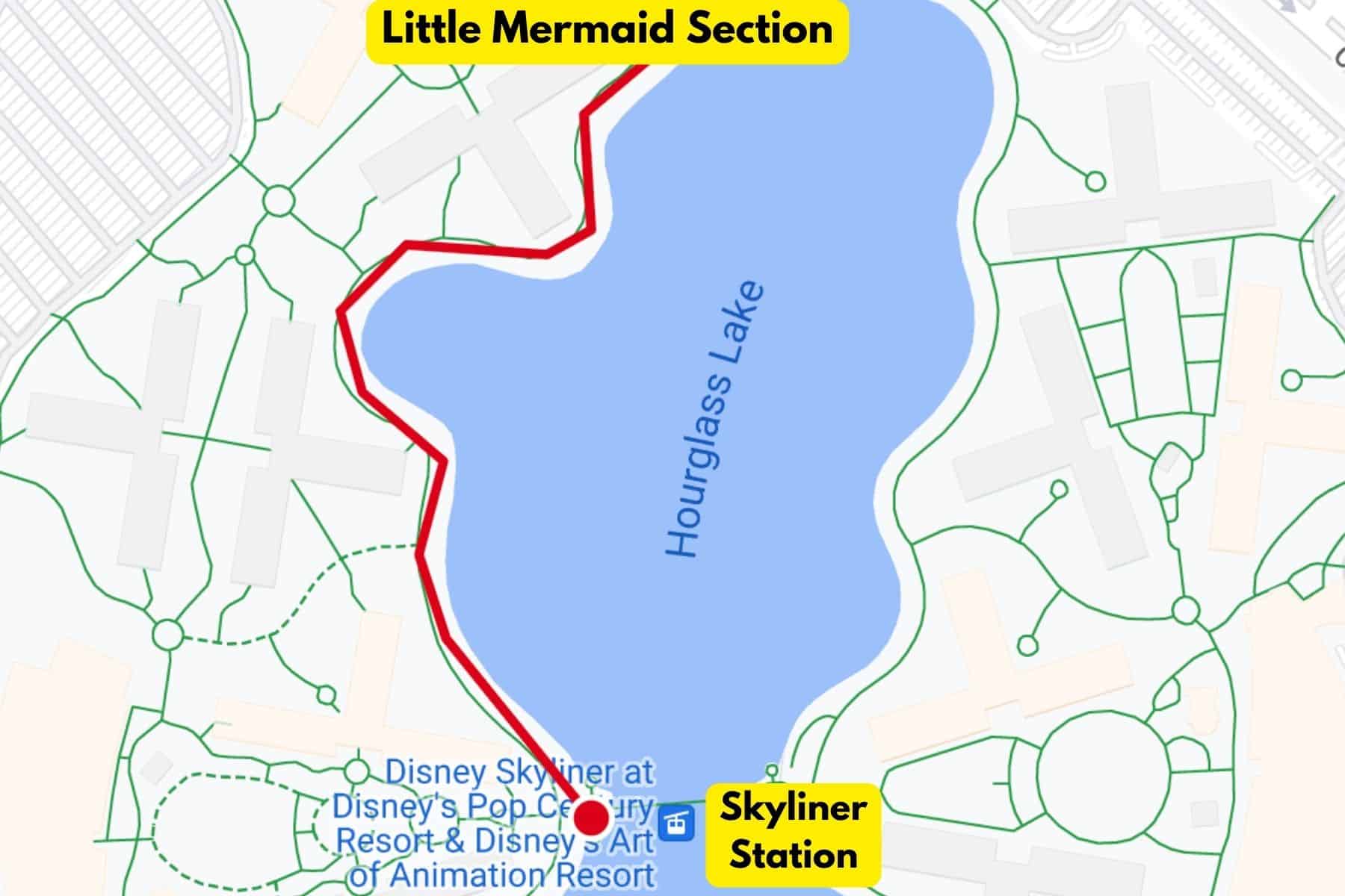 a map that shows the walking distance from the Disney Skyliner Station to the Little Mermaid section