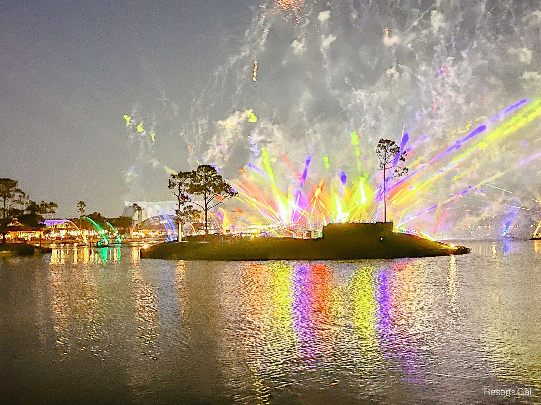 an island blocks the view of the fireworks 