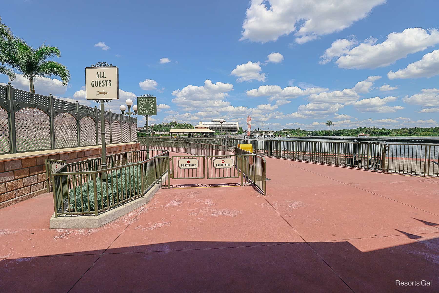 where the Grand Floridian walkway meets the boat dock area at Magic Kingdom 