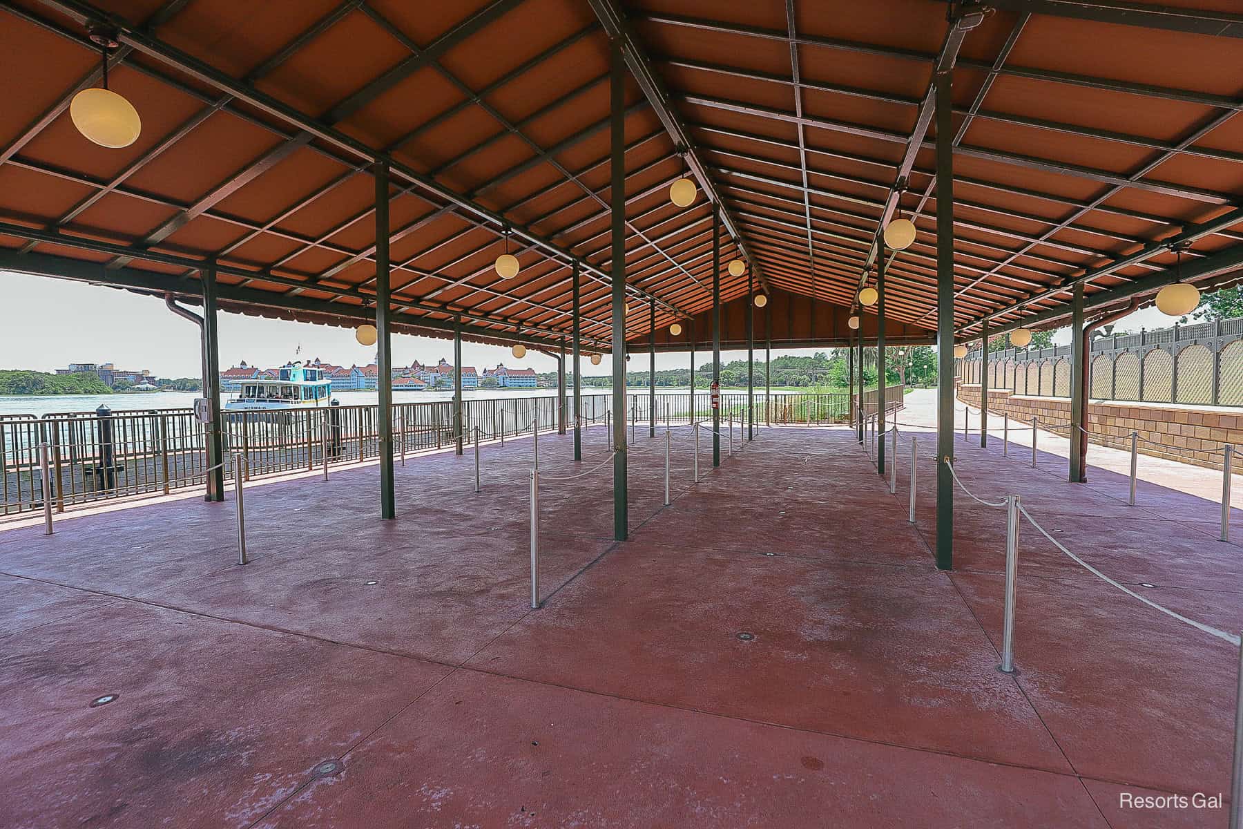 a covered waiting area at Magic Kingdom's boat dock 