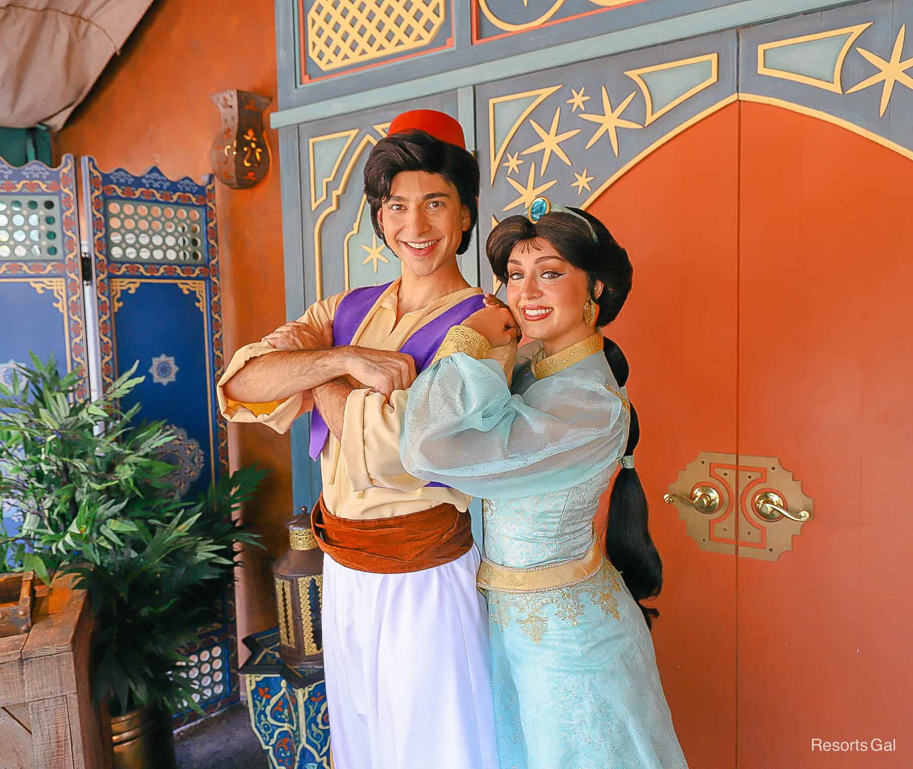 Aladdin and Jasmine pose together for a photo at their Magic Kingdom meet-and-greet. 